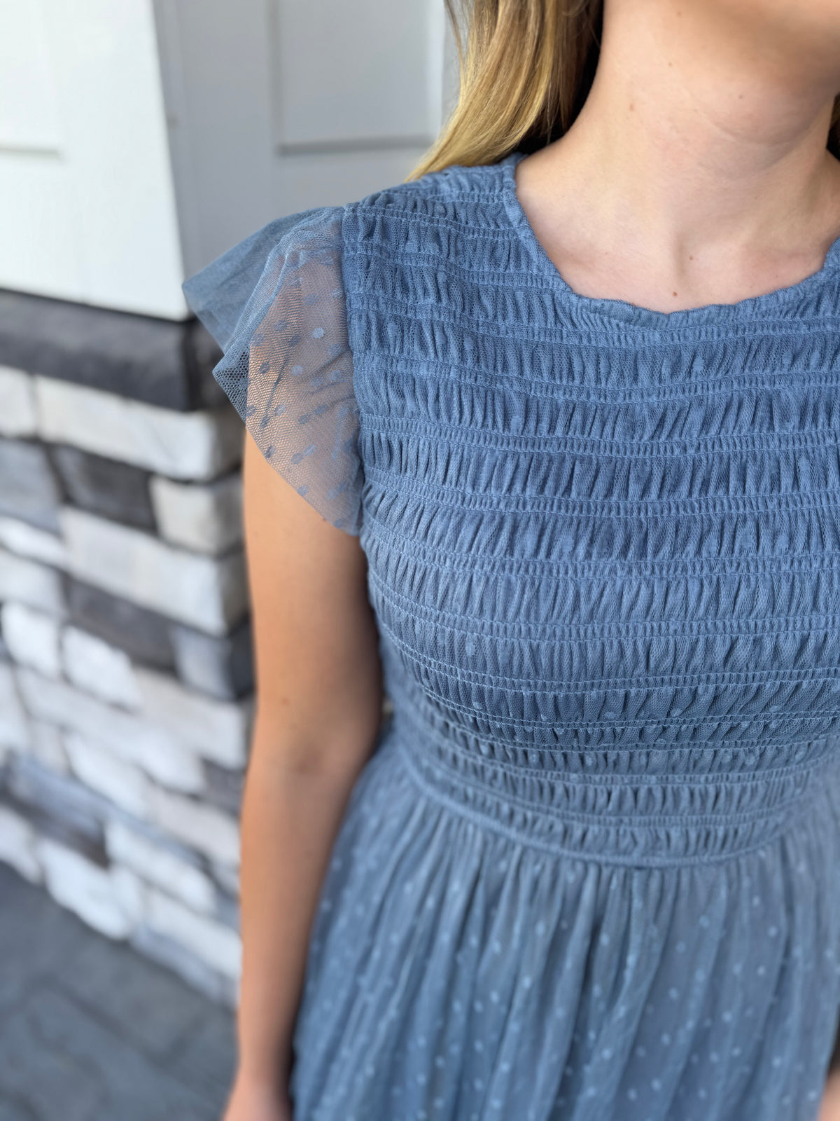Presley Dusty Blue Polka Dot Chiffon Smocked Midi Dress