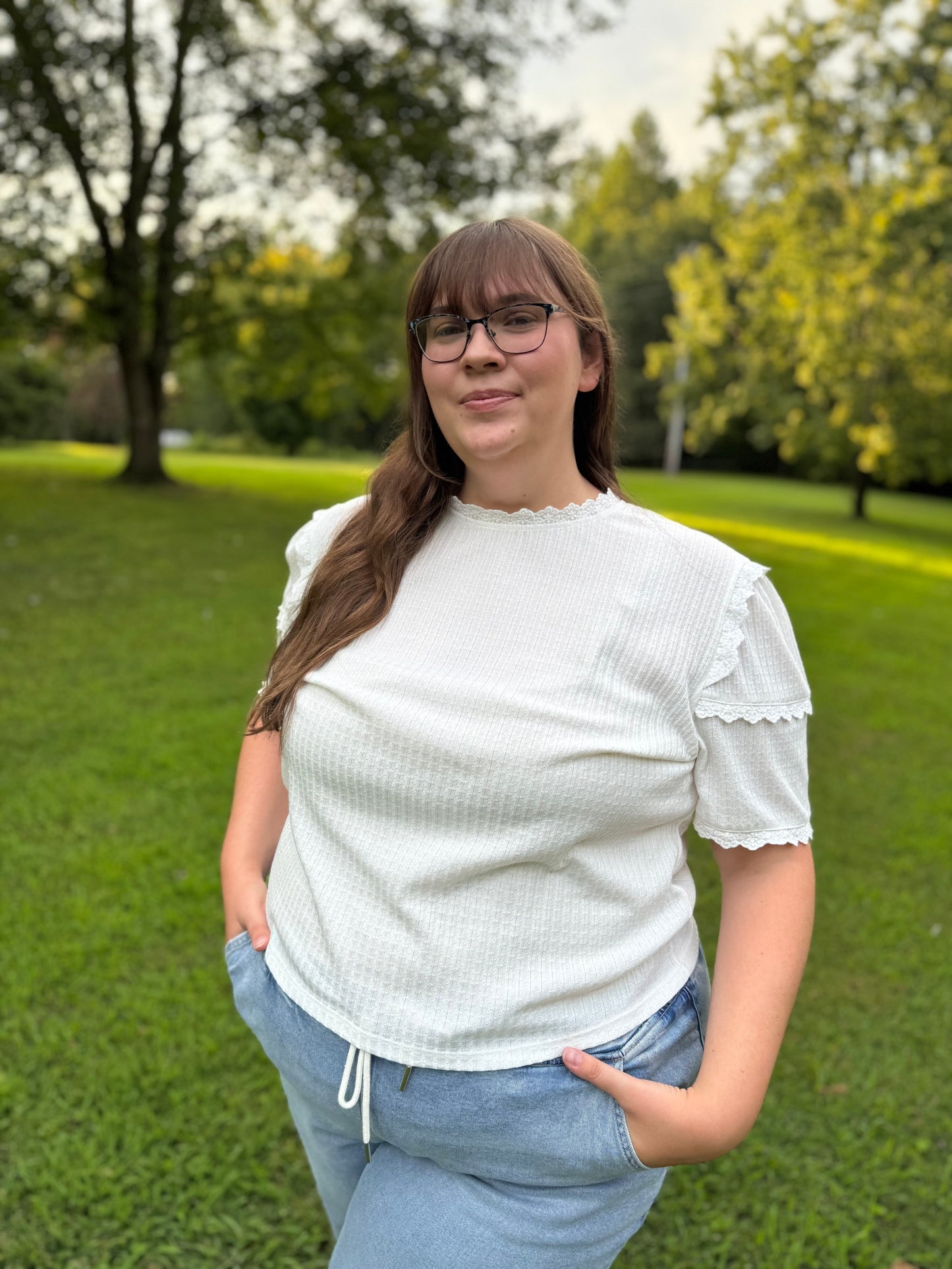 Julie Plus Size White Waffle Knit Top W/ Lace Details