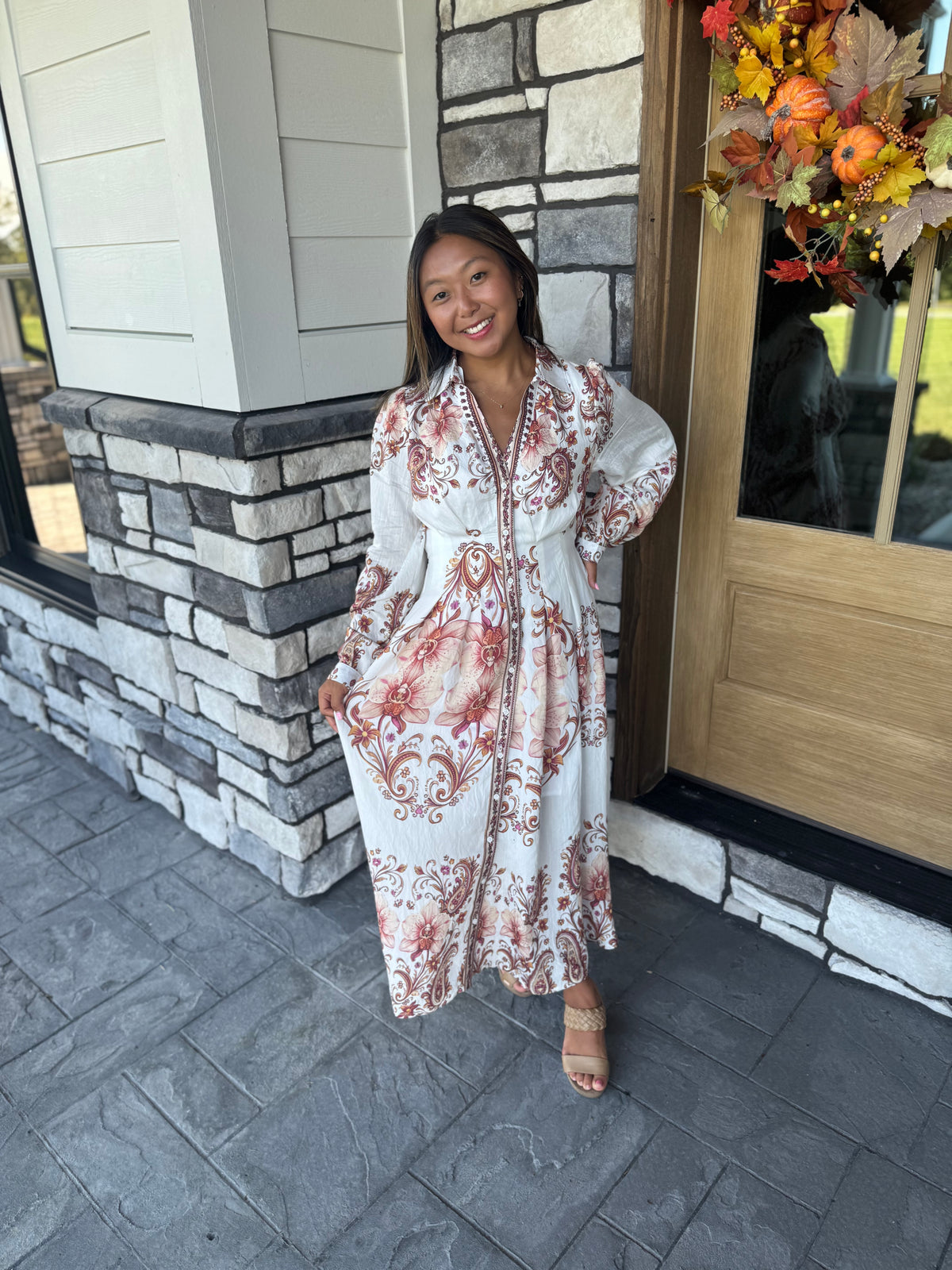 Mabel Amber Paisley Pleated Waist Button Up Midi Dress