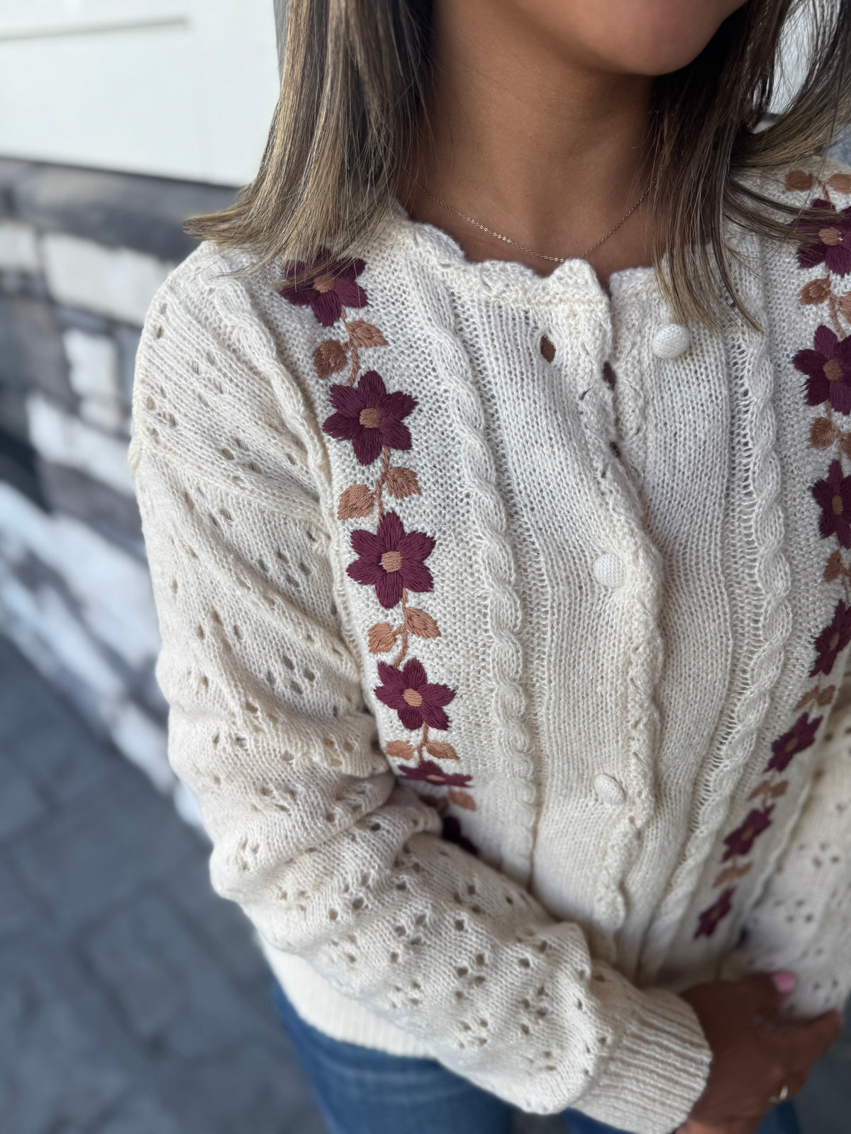 Claire Floral Embroidery Crochet Knit Detail Cardigan