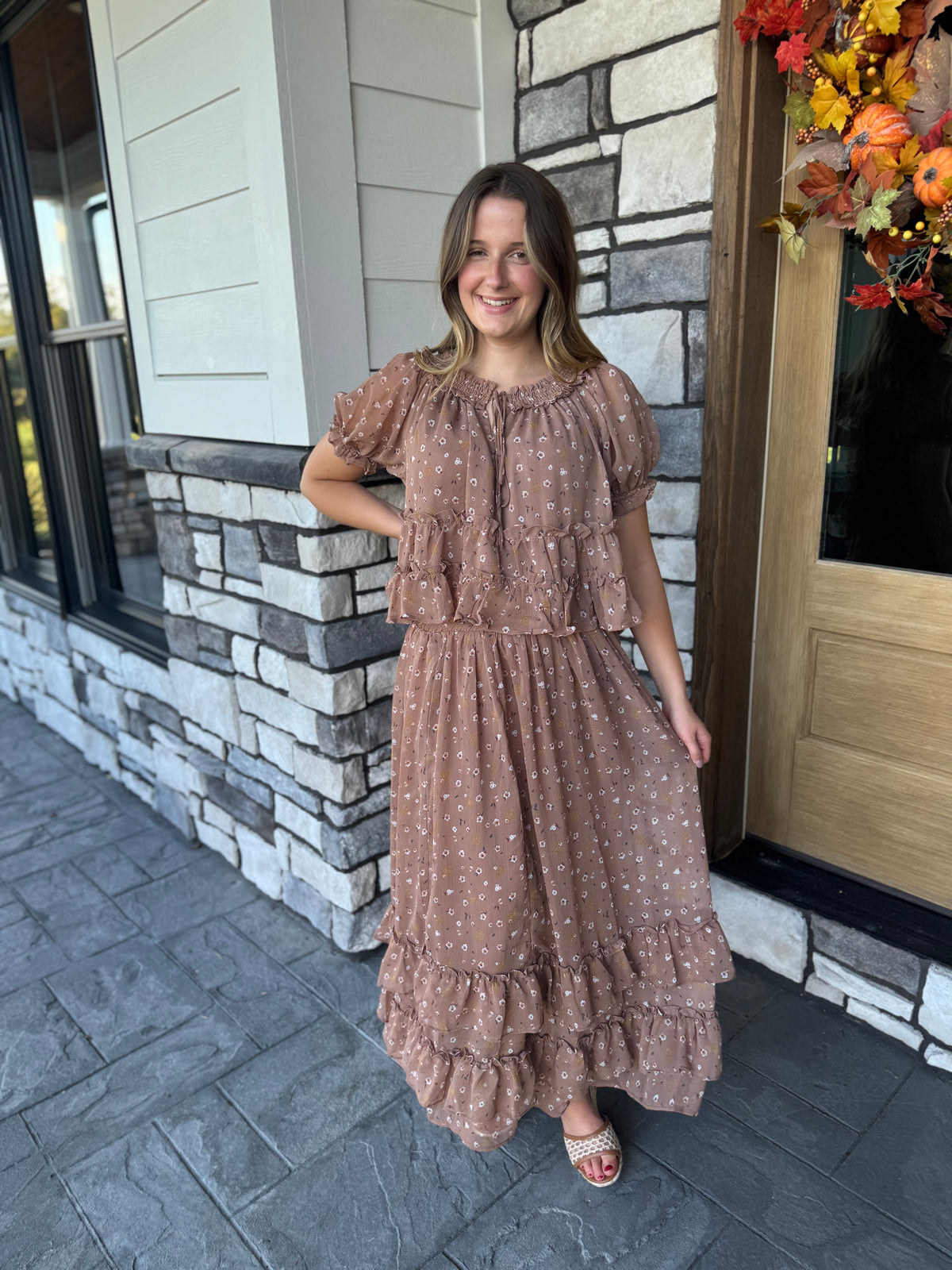 Evelyn Brown Floral Ruffled Hem Midi Skirt