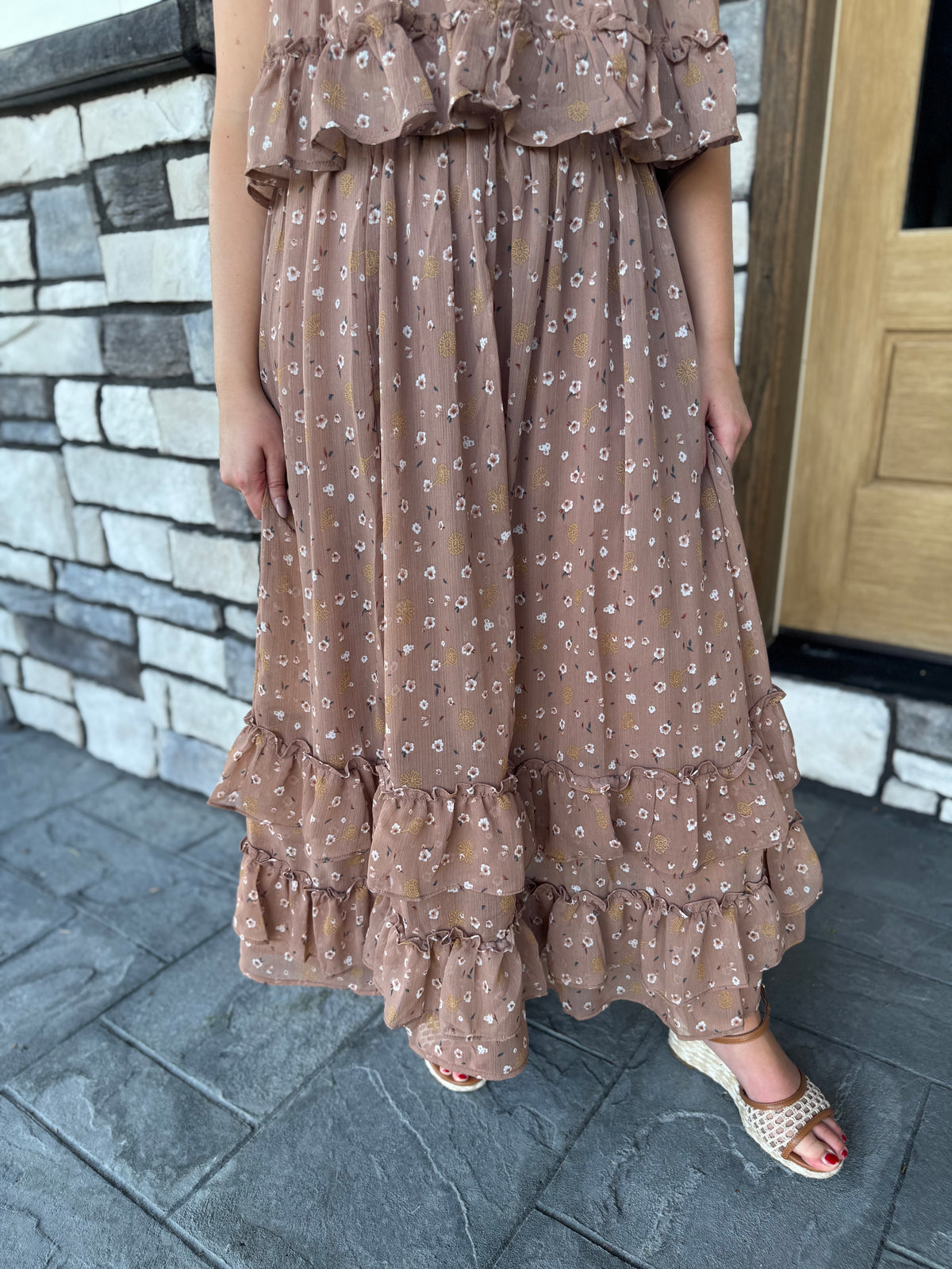 Evelyn Brown Floral Ruffled Hem Midi Skirt