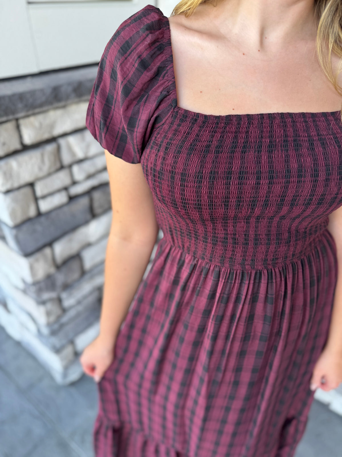 Noelle Burgundy Plaid Smocked Midi Dress