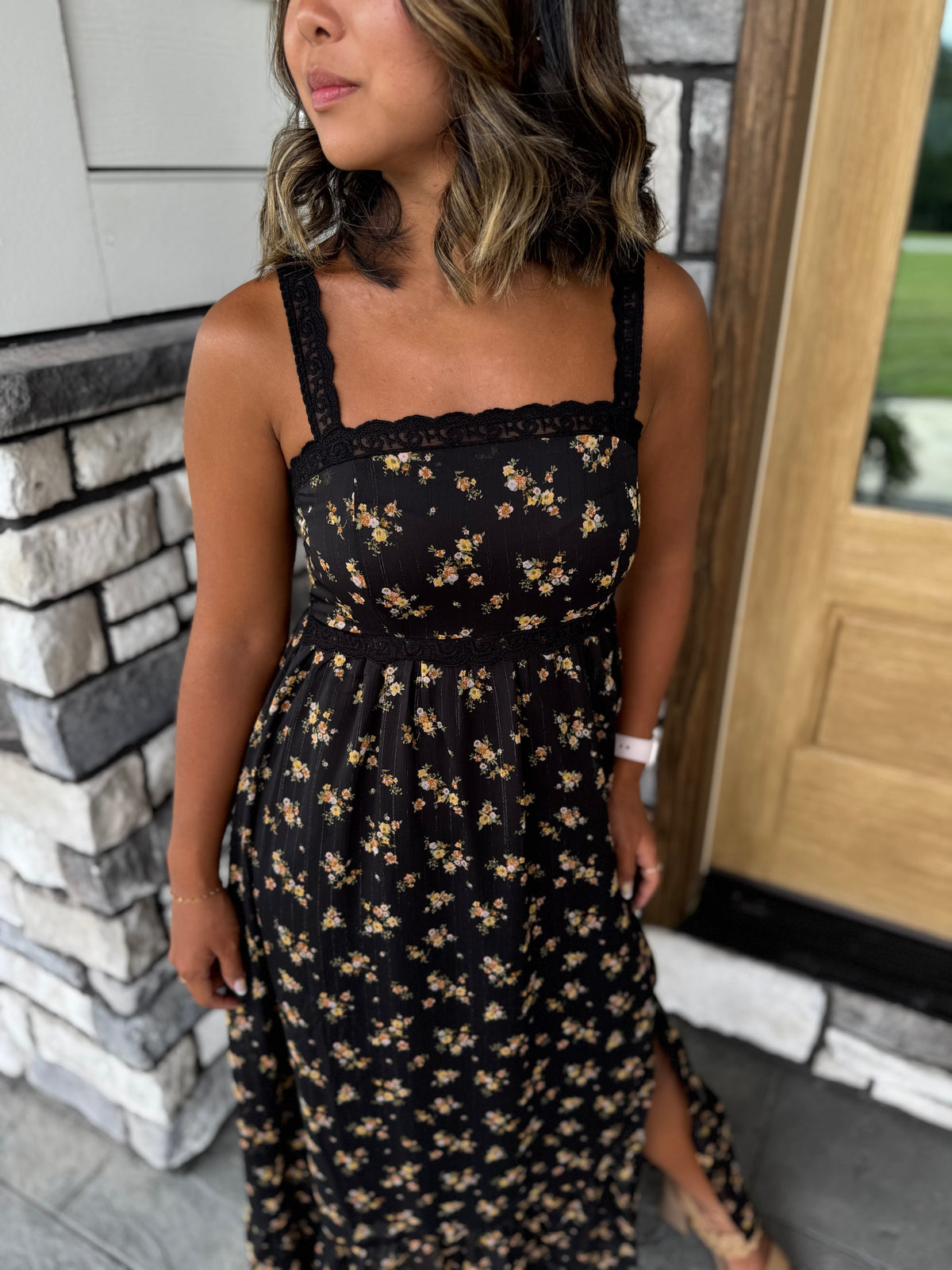 Everly Black Floral Glitter Midi Dress