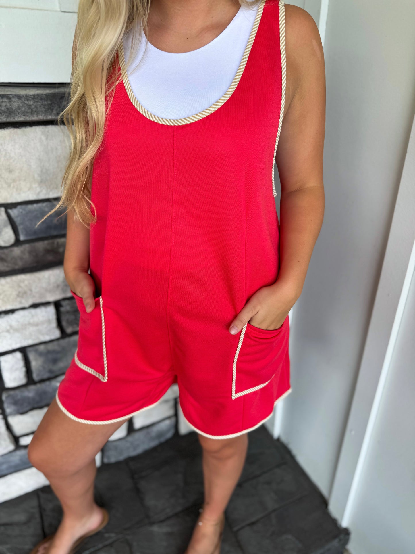 Rosie Coral Red Contrast Trim Romper