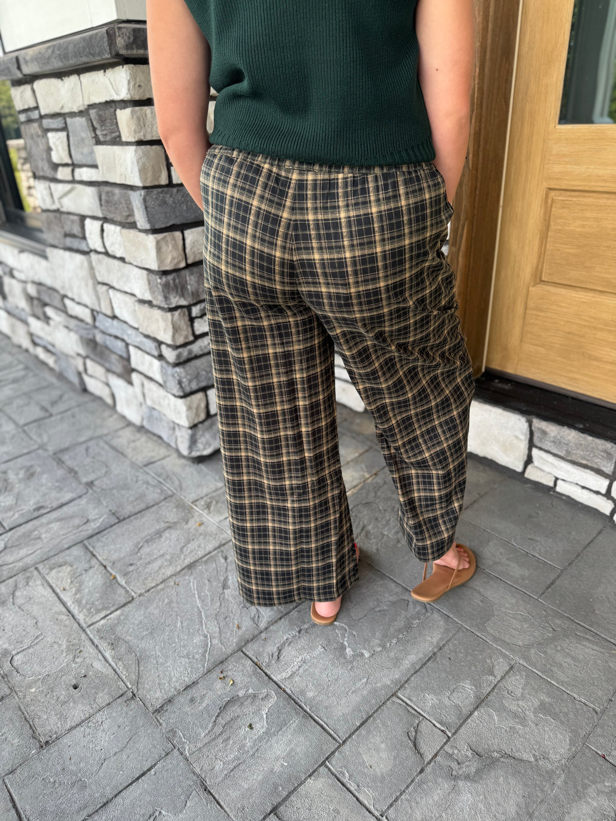 Stevie Hunter Green Plaid Elastic Waist Wide Leg Pants