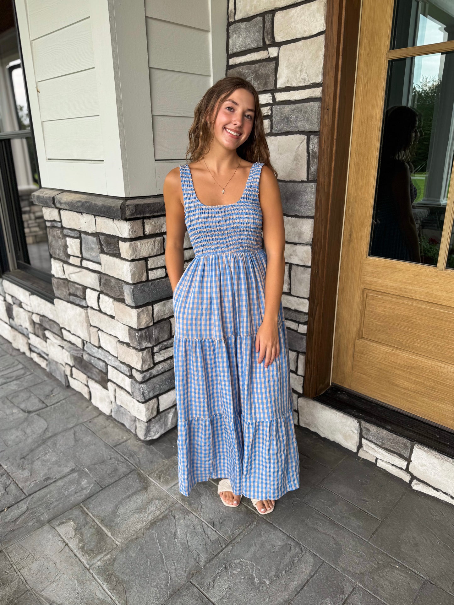 Melanie Blue & Peach Smocked Bodice Gingham Maxi Dress
