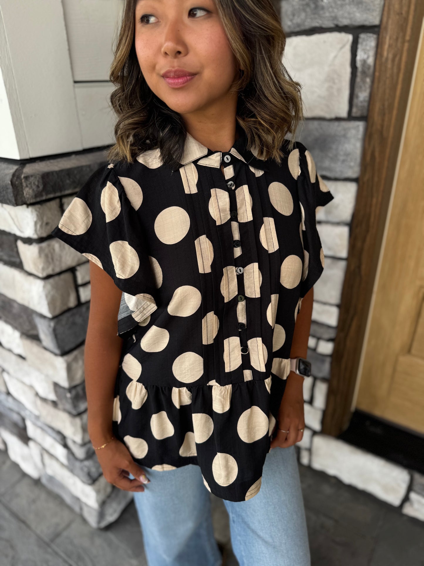 Emilia Black & Cream Polka Dot Peplum Top