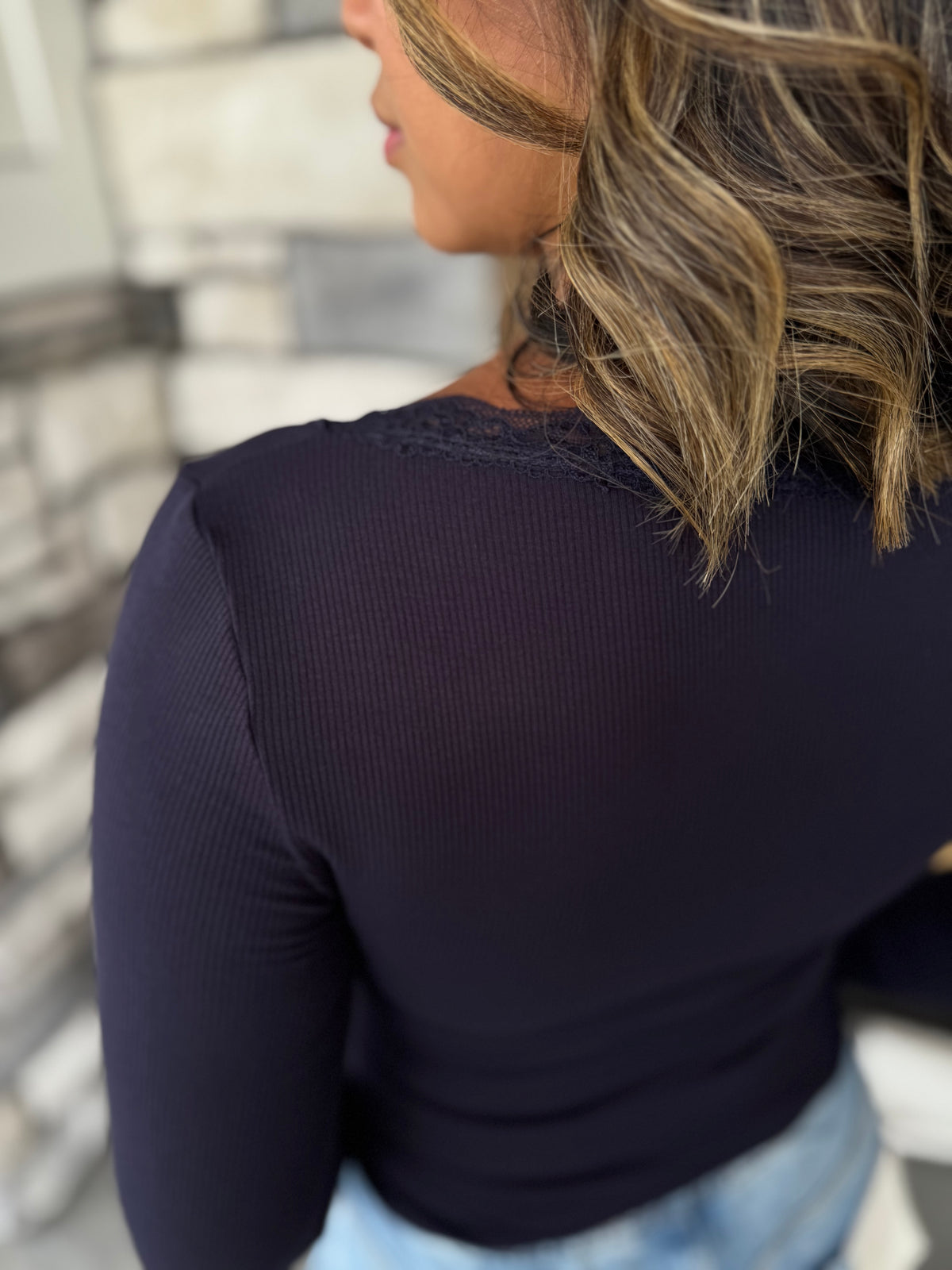 Ally Navy Lace Trim Long Sleeve Ribbed Top