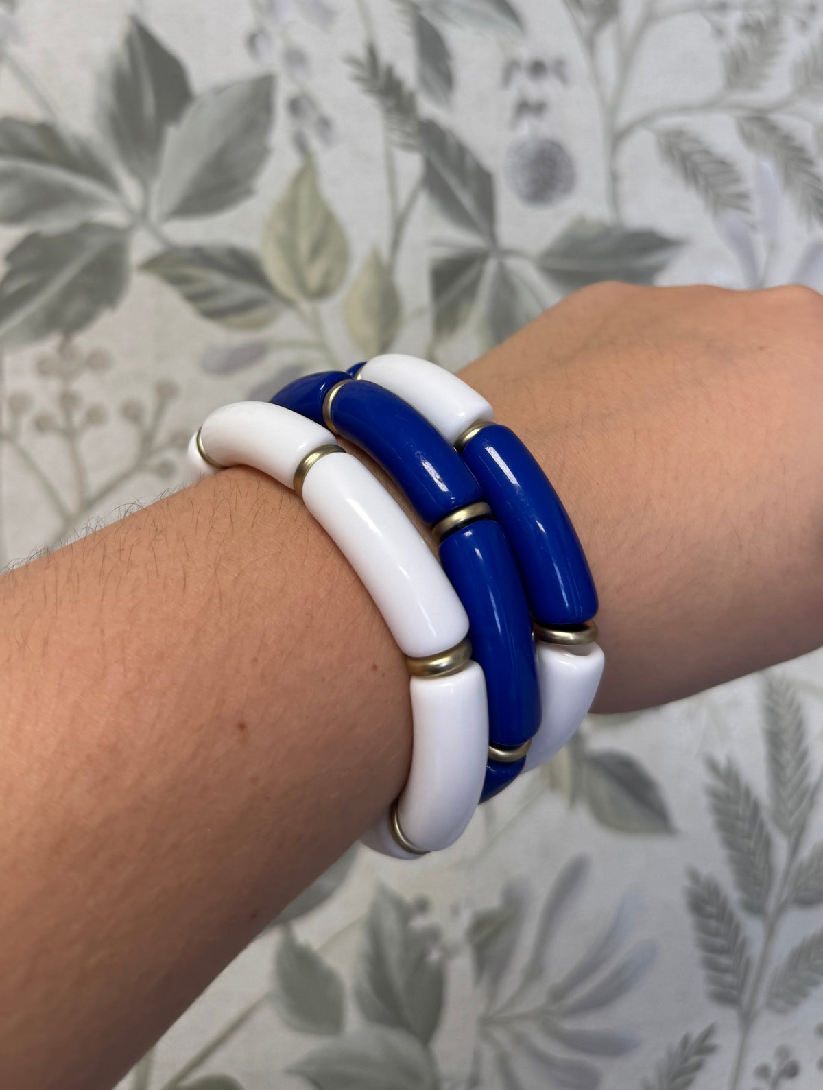 Blue & White Color Block Bracelets W/ Gold Accents
