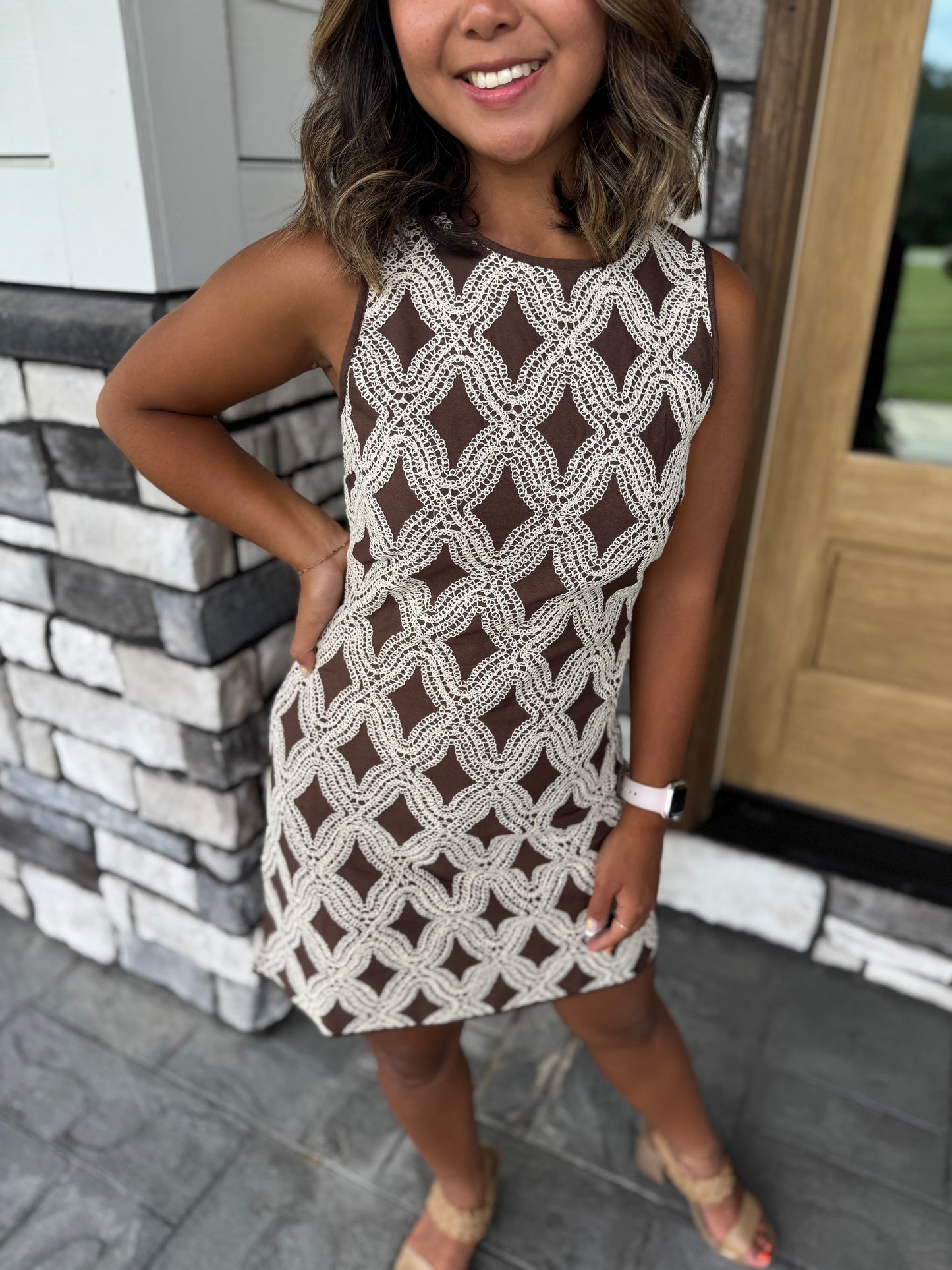 Sienna Brown & Cream Geometric Textured Mini Dress