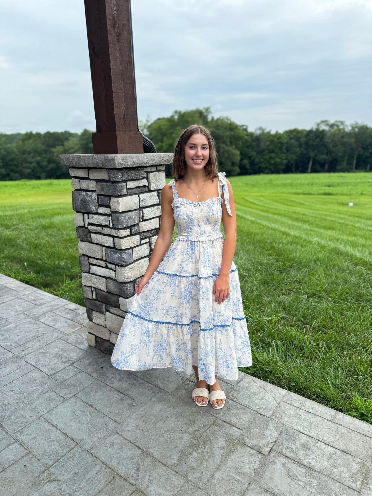 Charlotte Ivory & Baby Blue Tiered Lace Trim Floral Midi Dress