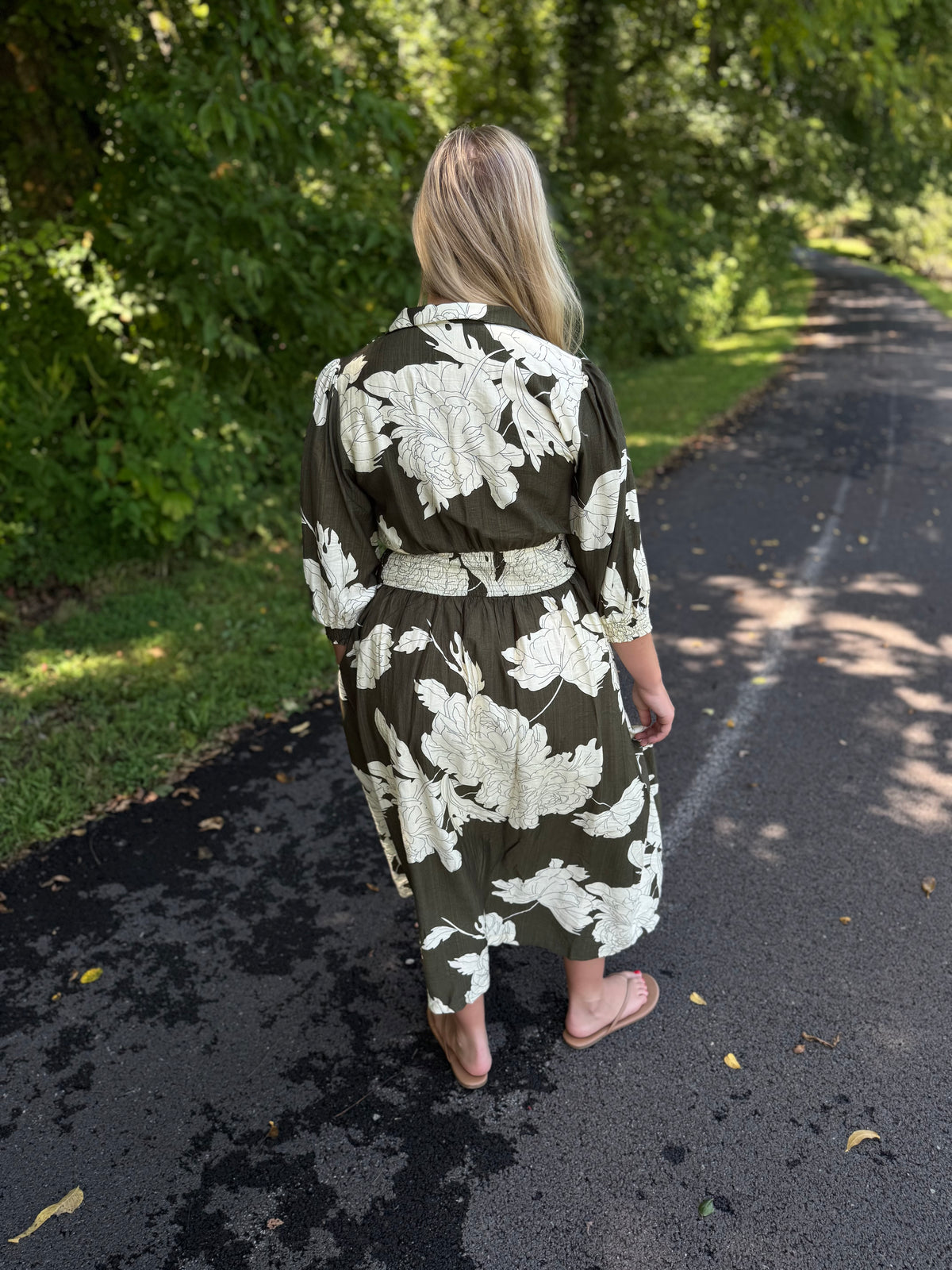 Marsha Olive & Ivory Floral Collared Puff Sleeve Midi Dress