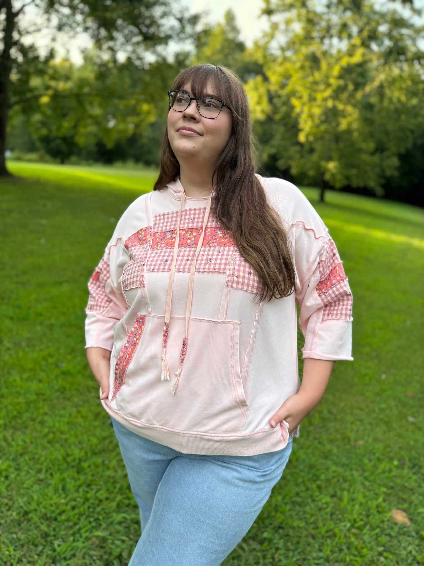 Pippy Plus Size Coral Pink Floral Patchwork Hooded Pullover