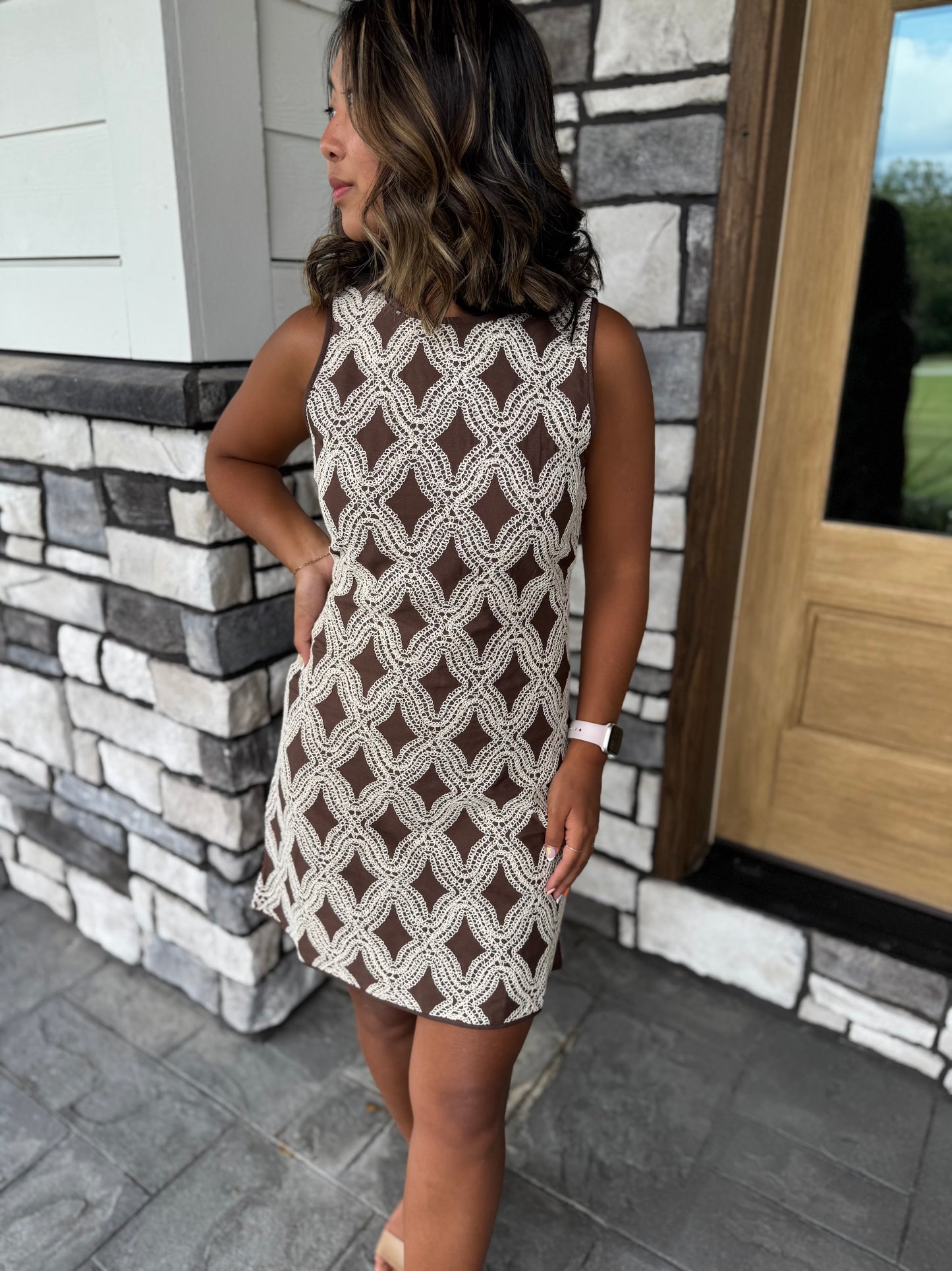 Sienna Brown & Cream Geometric Textured Mini Dress