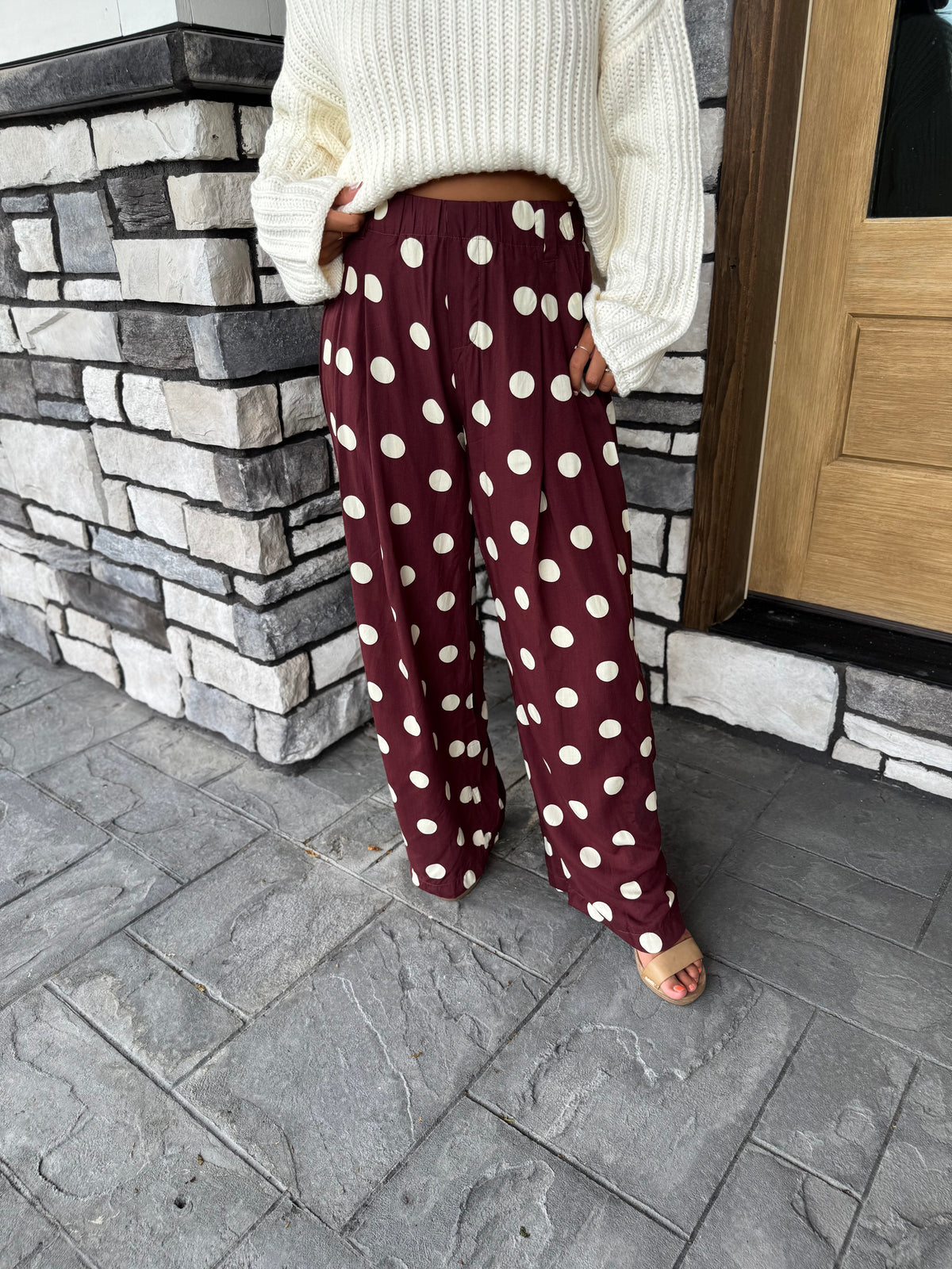 Ellie Burgundy & Ivory Polka Dot Pleated Wide Leg Pants