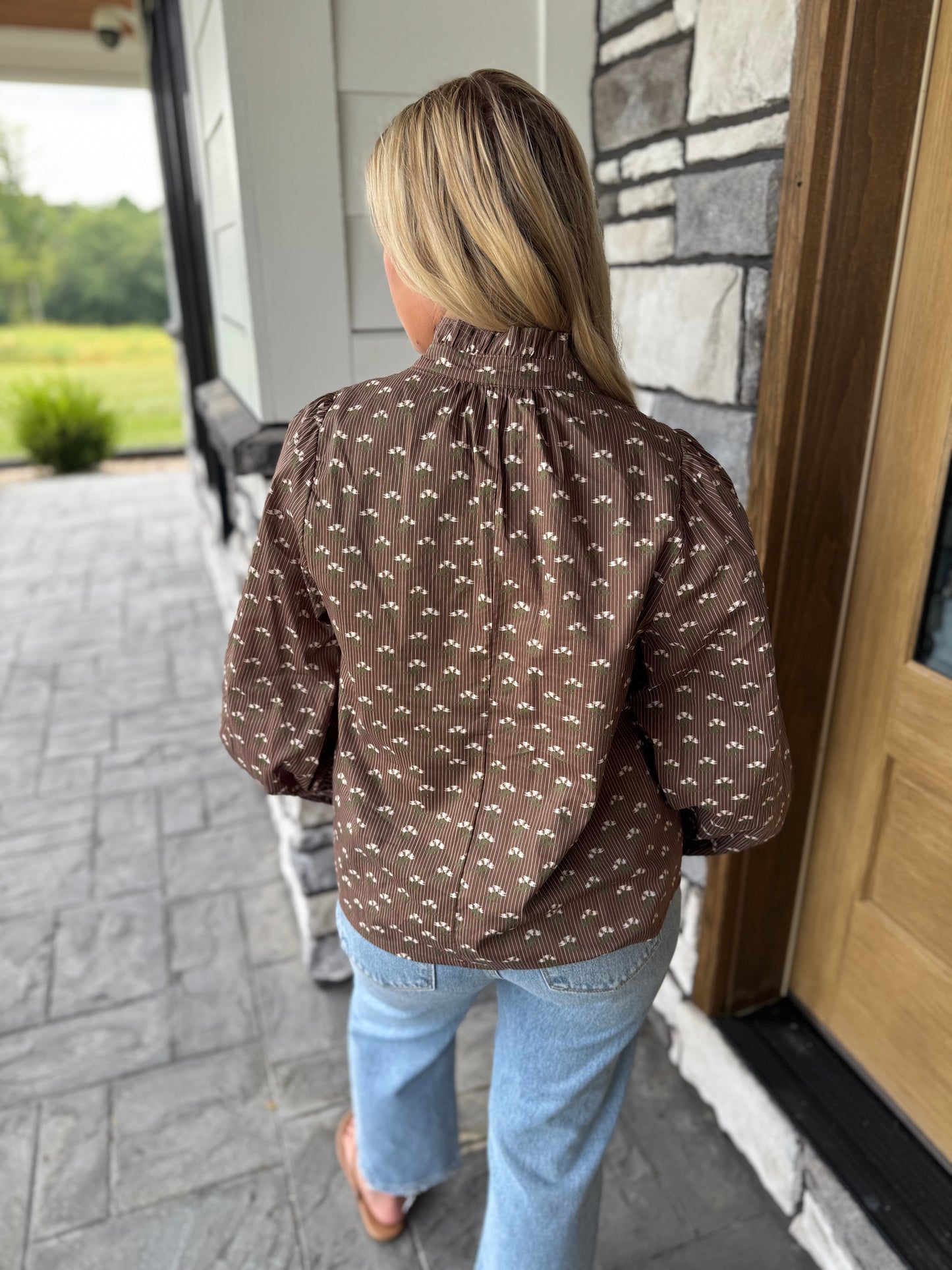 Fran Brown Floral Blouse W/ Bow Tie Detail