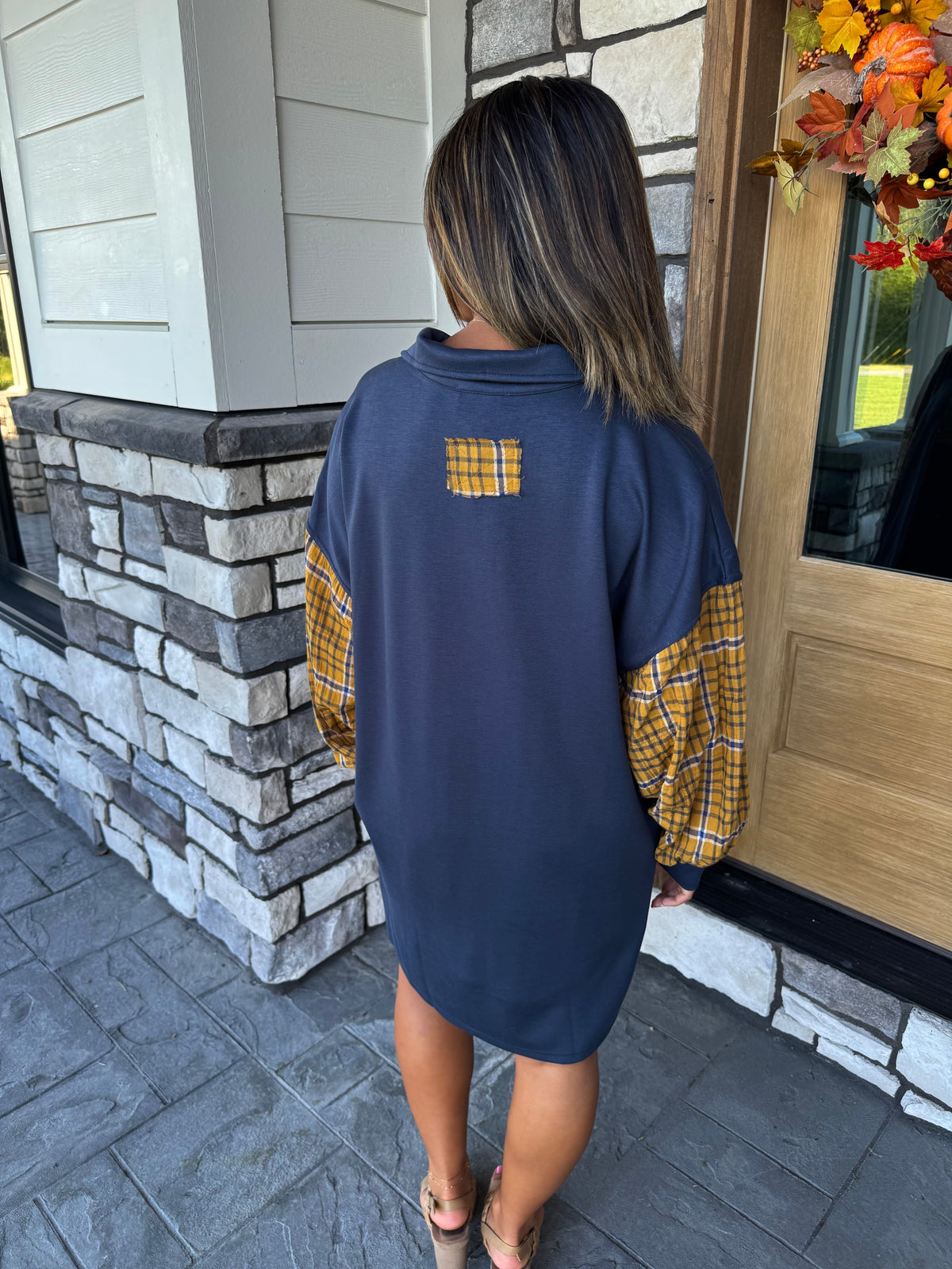 Martha Navy Luxe Knit Plaid Sleeve Mini Dress