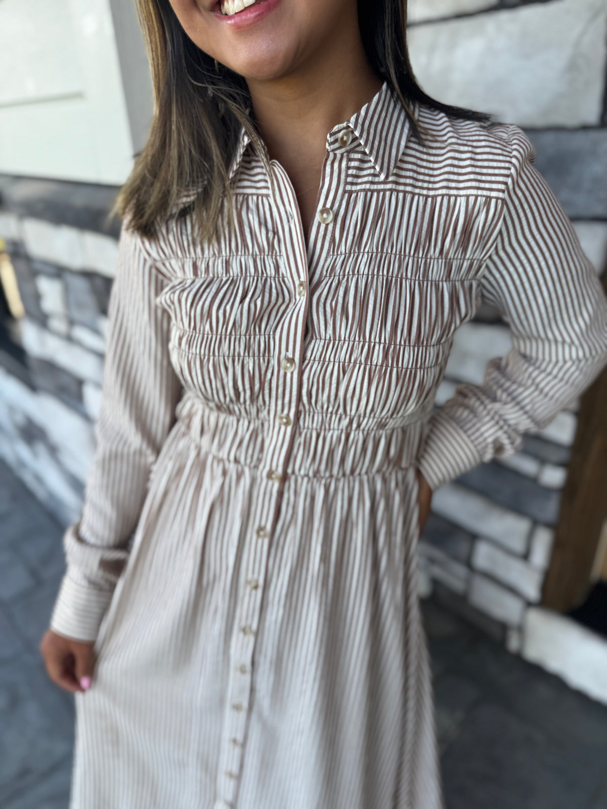 Mindy Brown Striped Button Up Midi Dress