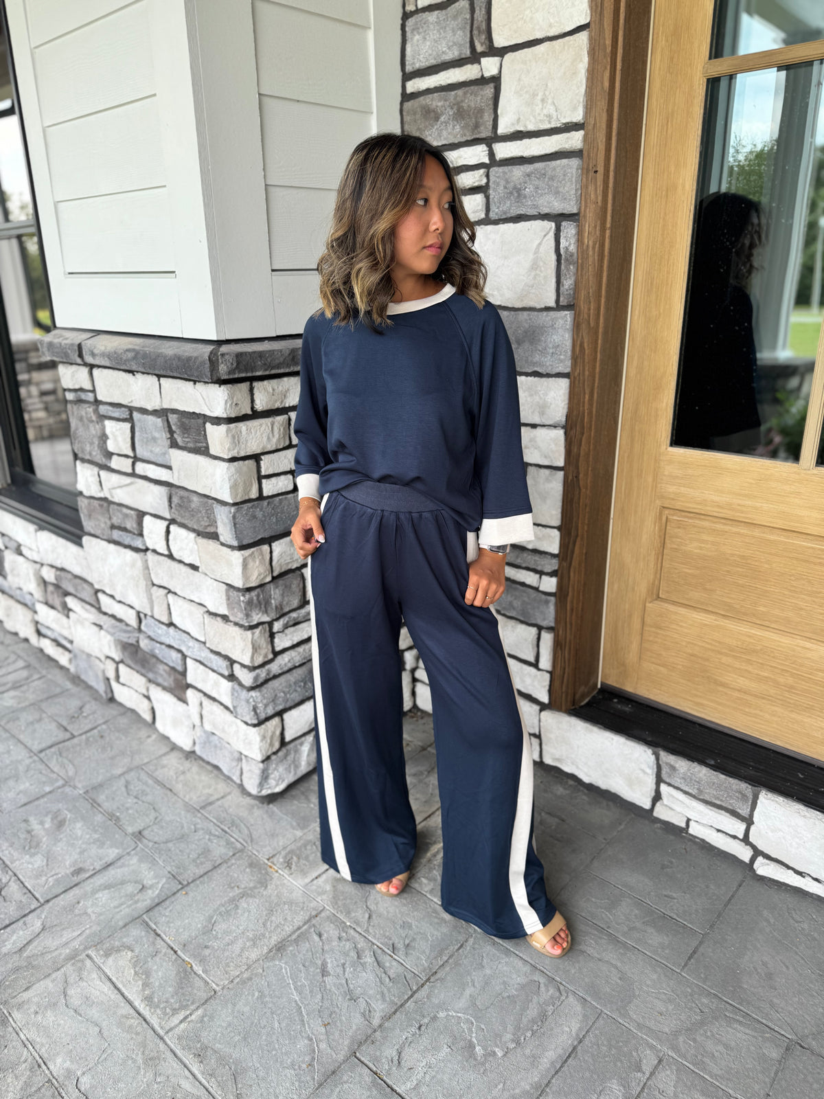 Angela Navy & Ecru Luxe Knit Matching Set W/ Stripe Details