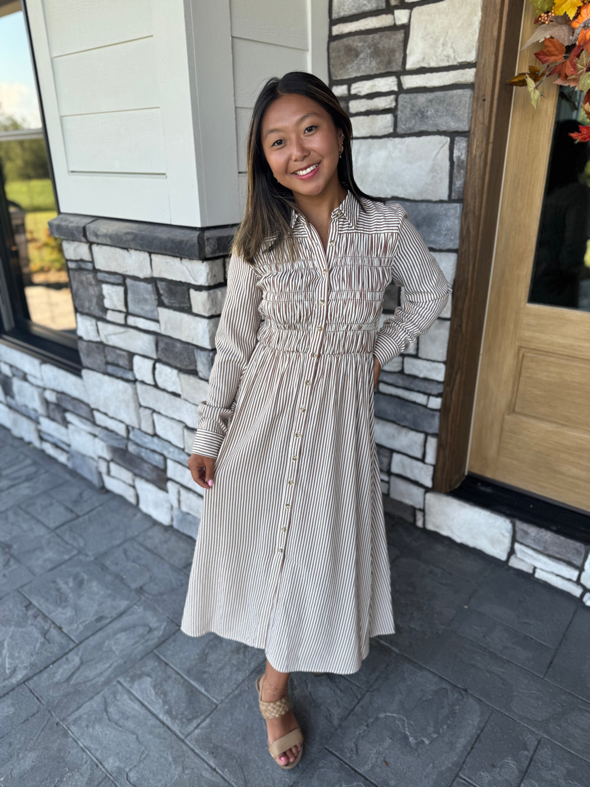 Mindy Brown Striped Button Up Midi Dress