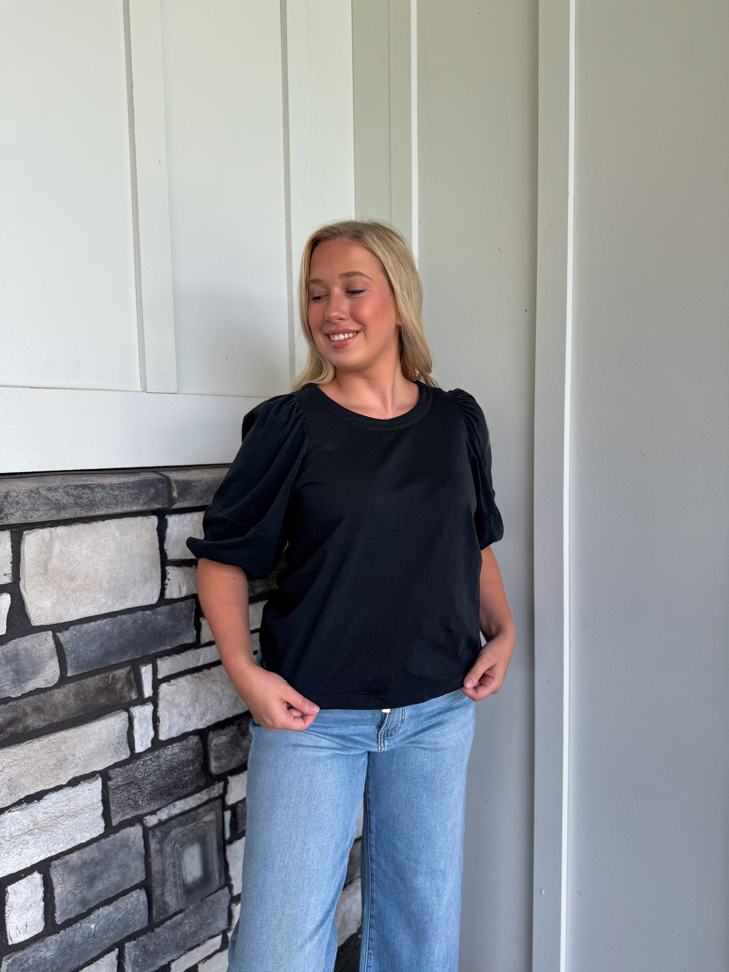 Caitlyn Black Garment-Dye Puff Sleeve Cotton Jersey Top