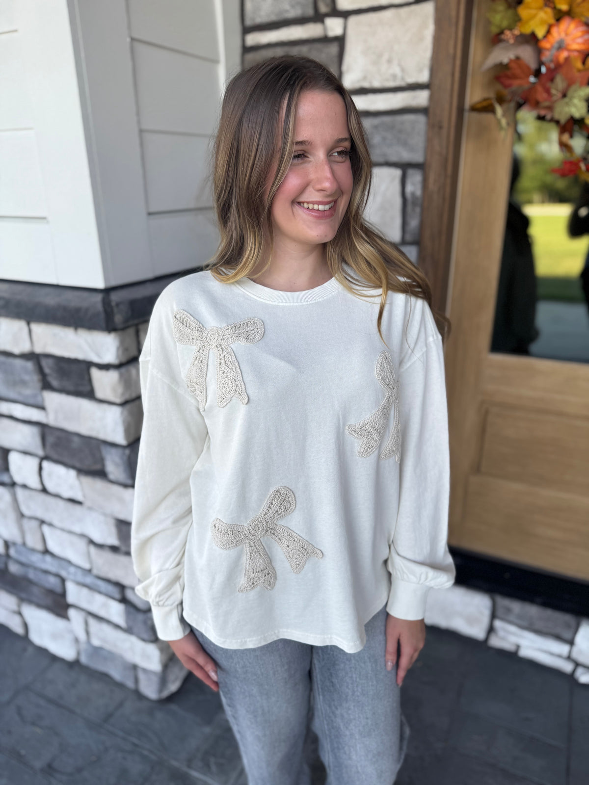 Shelly Ecru Crocheted Bow Patch Terry Pullover