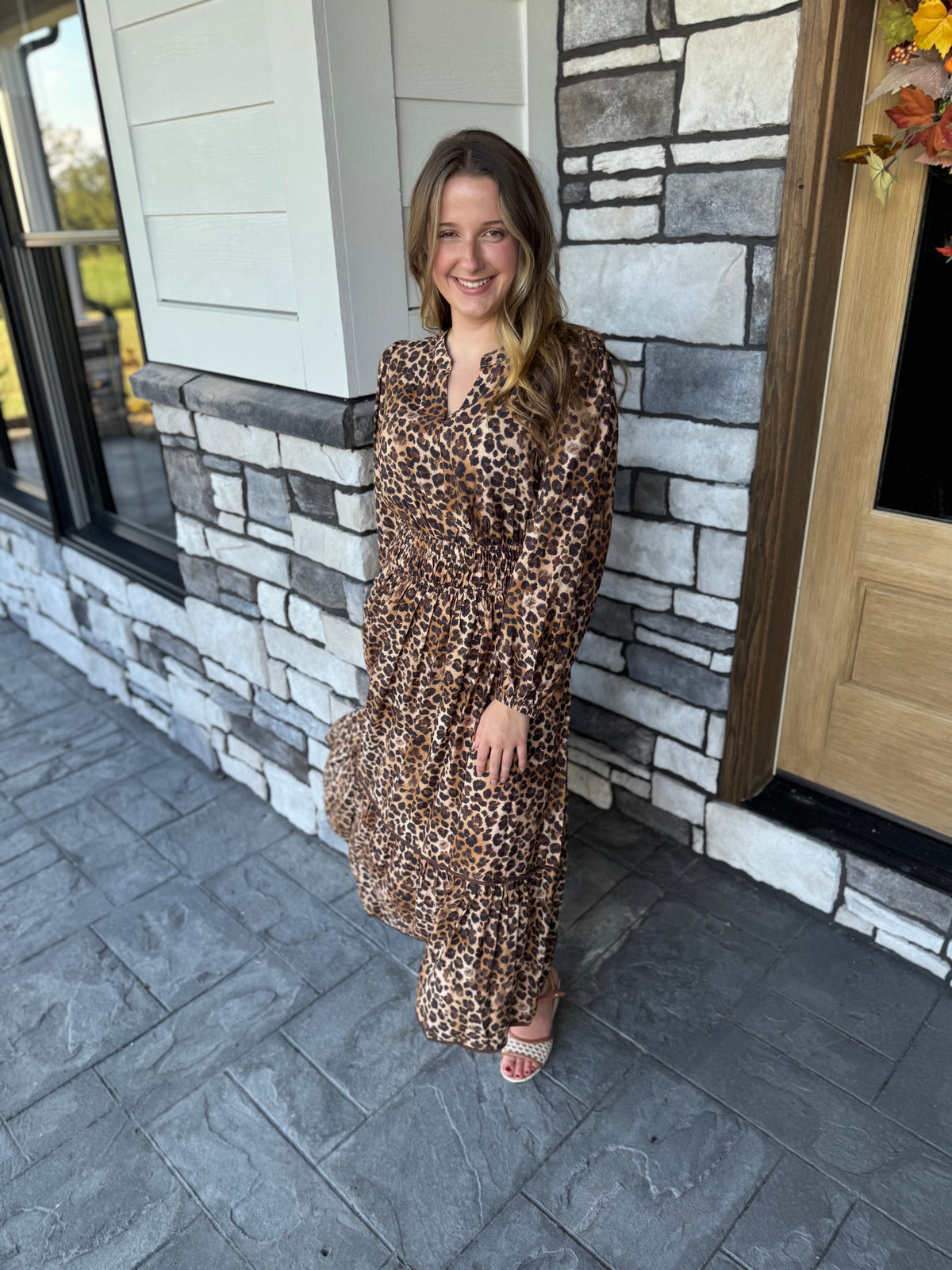 Dana Leopard Print Smocked Waist Tiered Midi Dress
