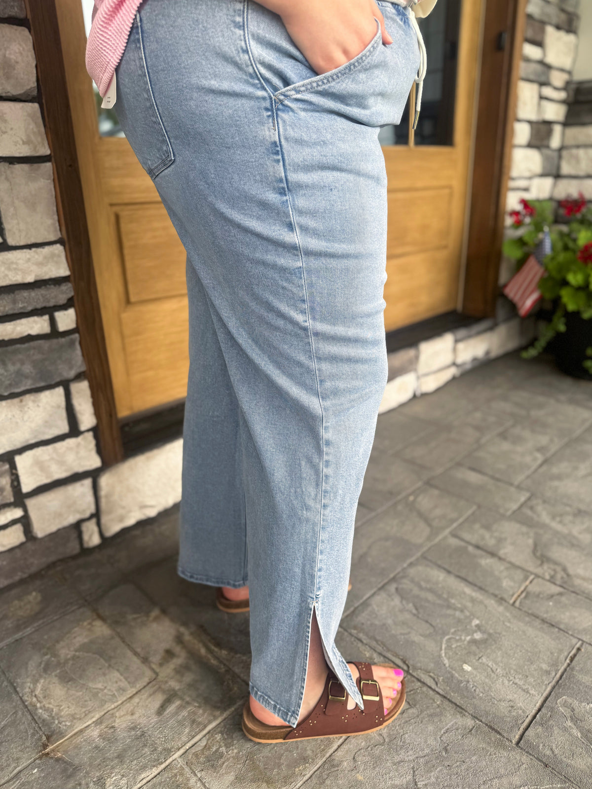 Plus Size High Rise Drawstring Waistband Slit Wide Leg Jeans