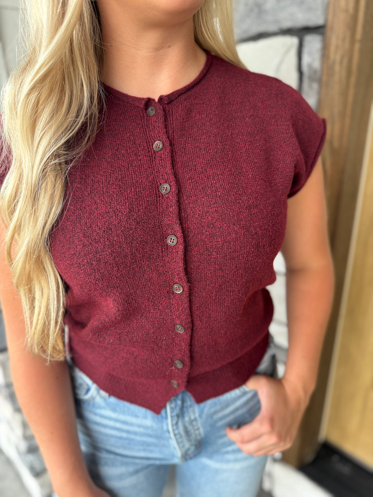 Marlow Burgundy Button Up Short Sleeve Sweater