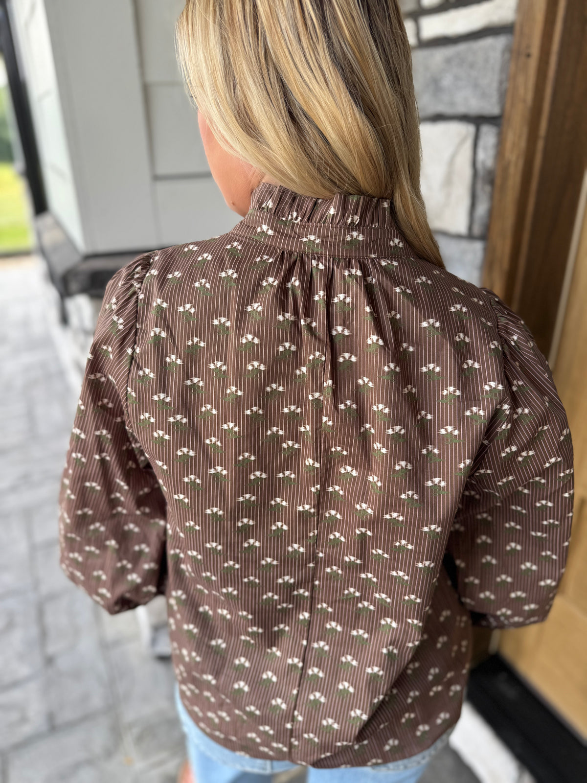 Fran Brown Floral Blouse W/ Bow Tie Detail