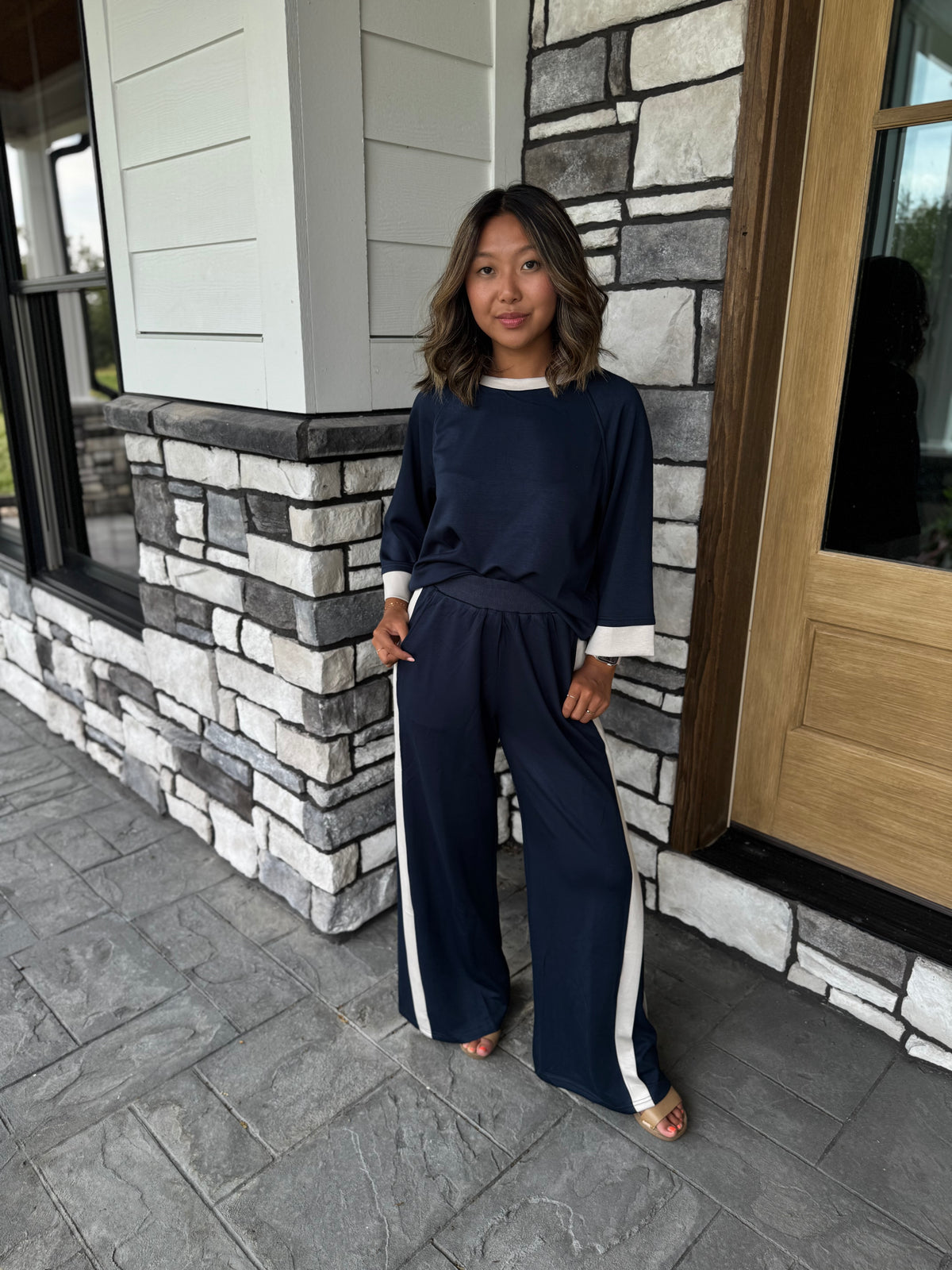 Angela Navy & Ecru Luxe Knit Matching Set W/ Stripe Details