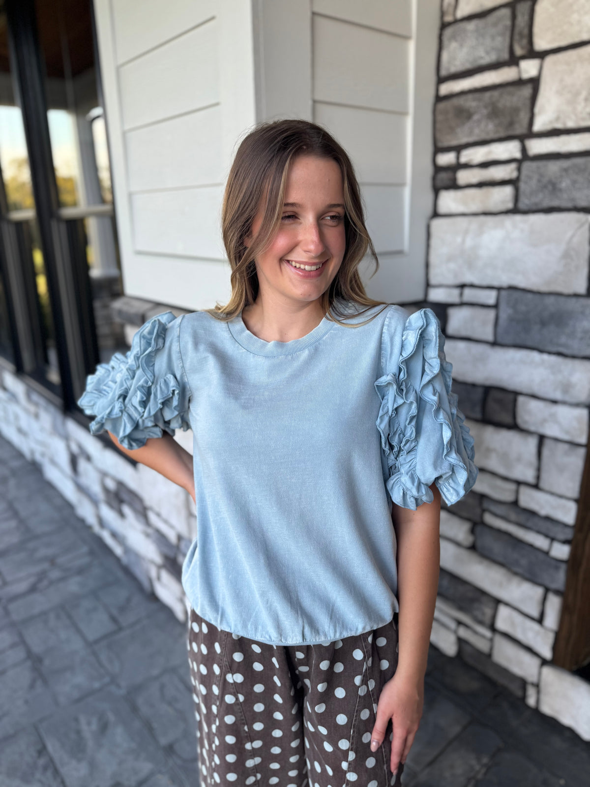 Isabella Bubble Short Sleeve Top W/ Ruffle Details