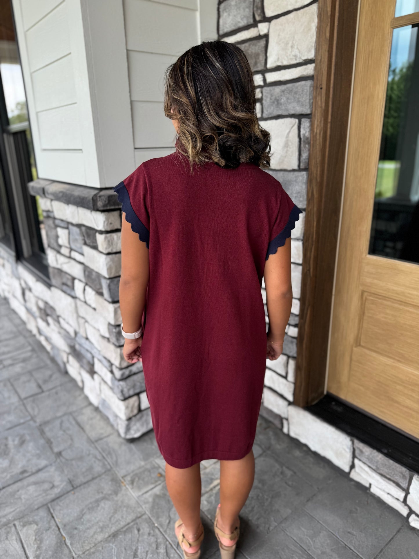 Whitney Burgundy Half Zip Scalloped Edge Short Sleeve Sweater Dress