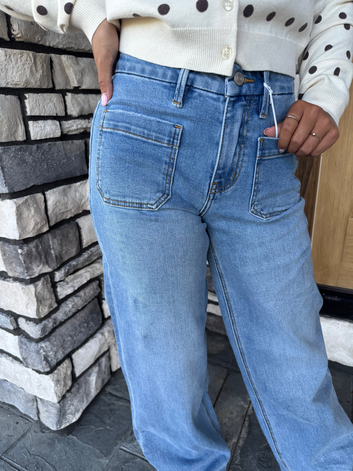 High Rise Front Patch Pocket Wide Leg Jeans