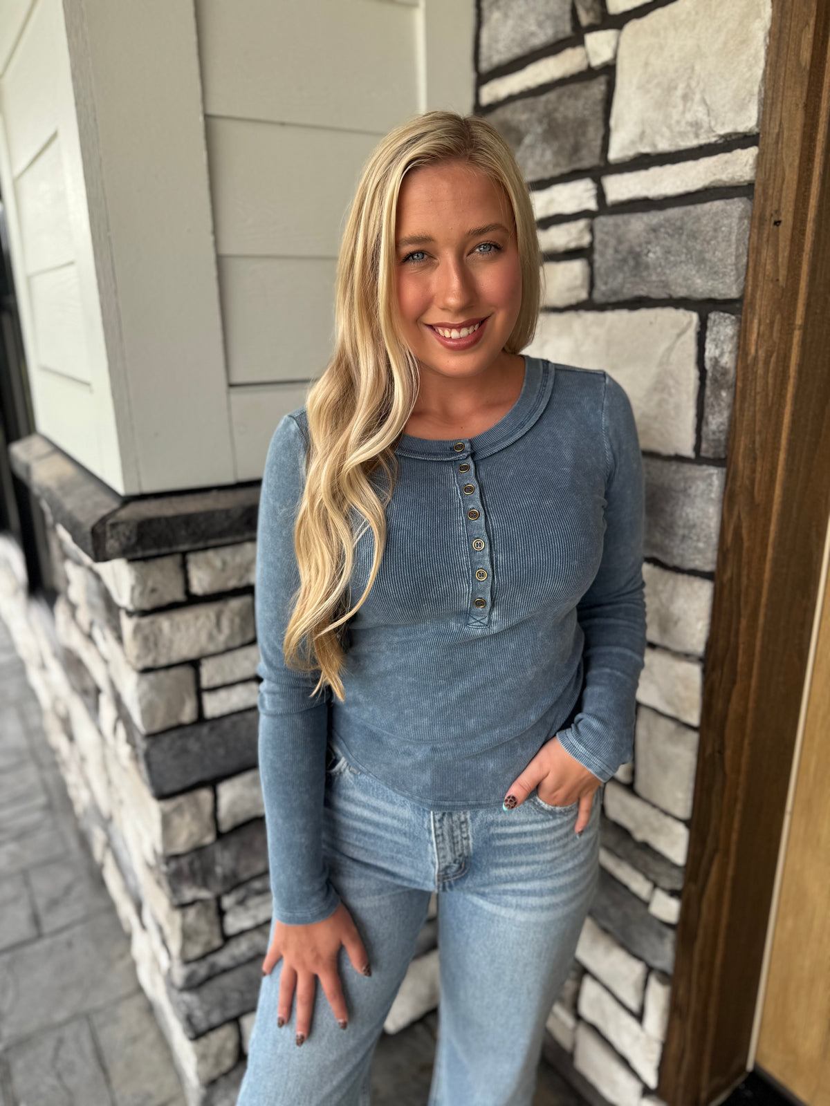 Danielle Washed Blue Long Sleeve Ribbed Henley Top