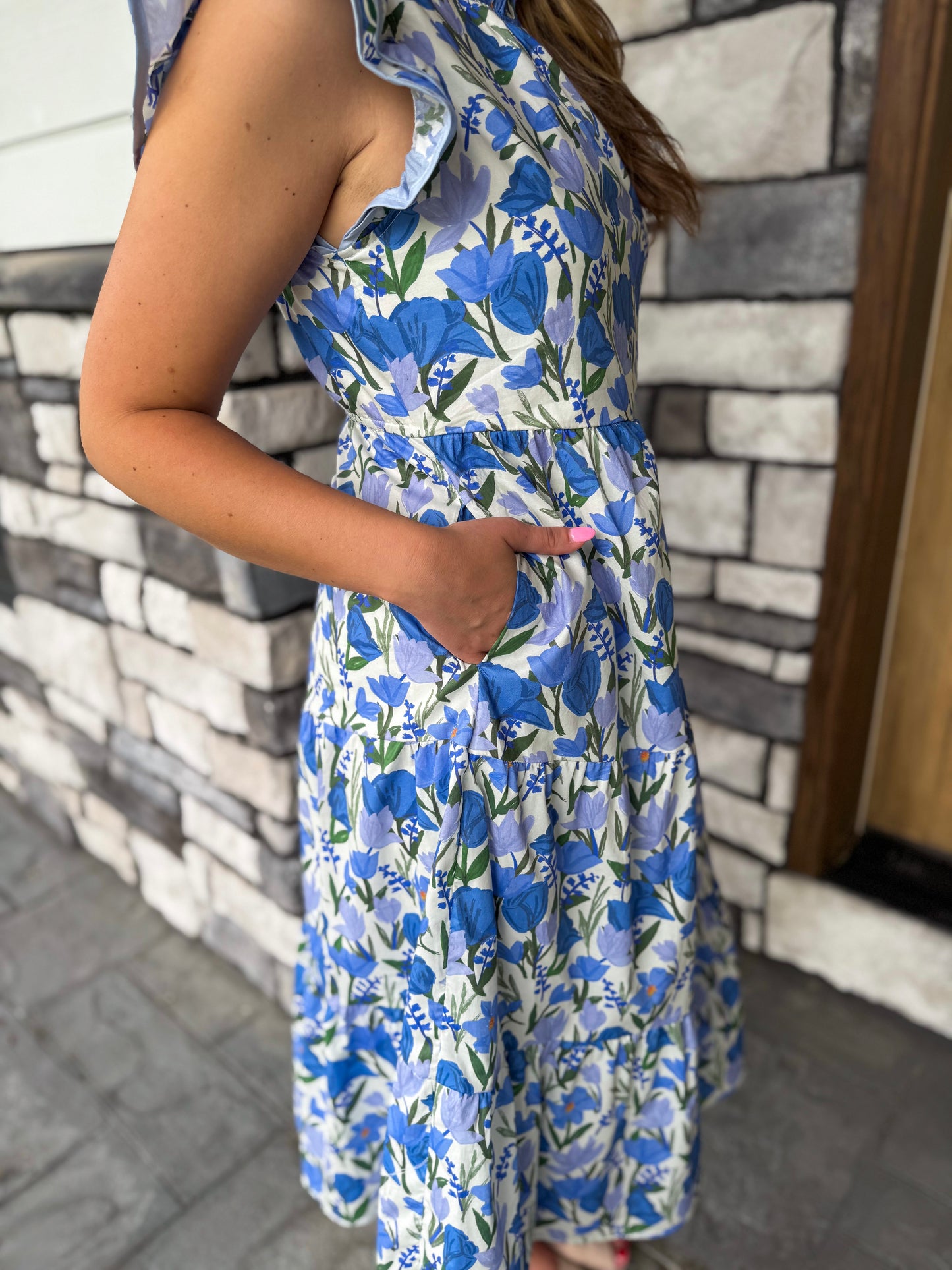 Ann Blue Contrast Piped Ruffle Neck Floral Tank