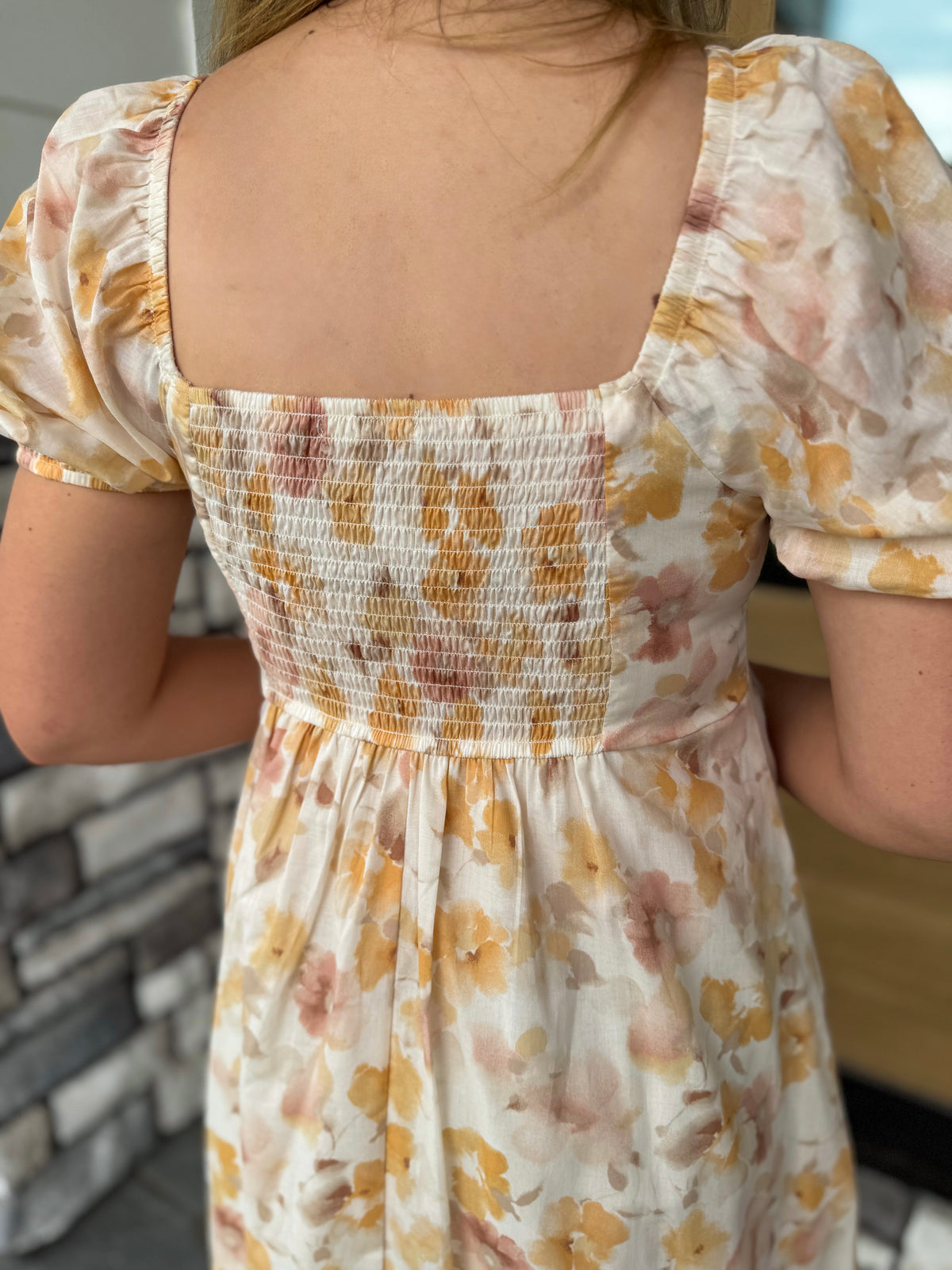 Bailey Mustard Floral Print Puff Sleeve Square Neck Mini Dress