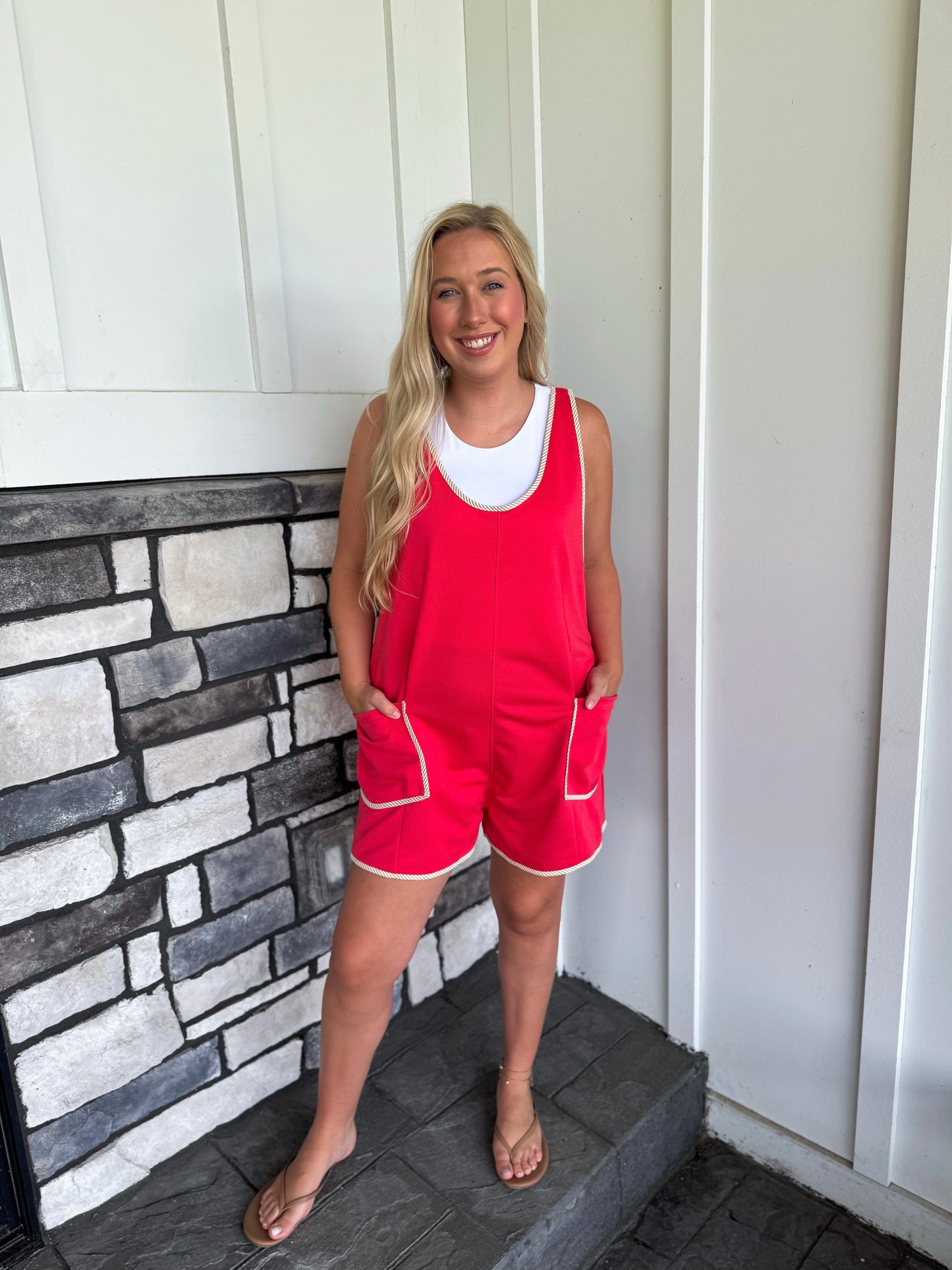 Rosie Coral Red Contrast Trim Romper