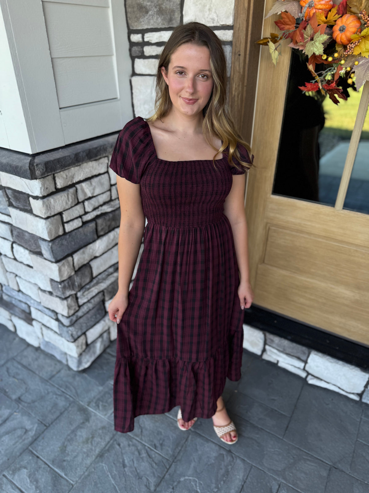 Noelle Burgundy Plaid Smocked Midi Dress