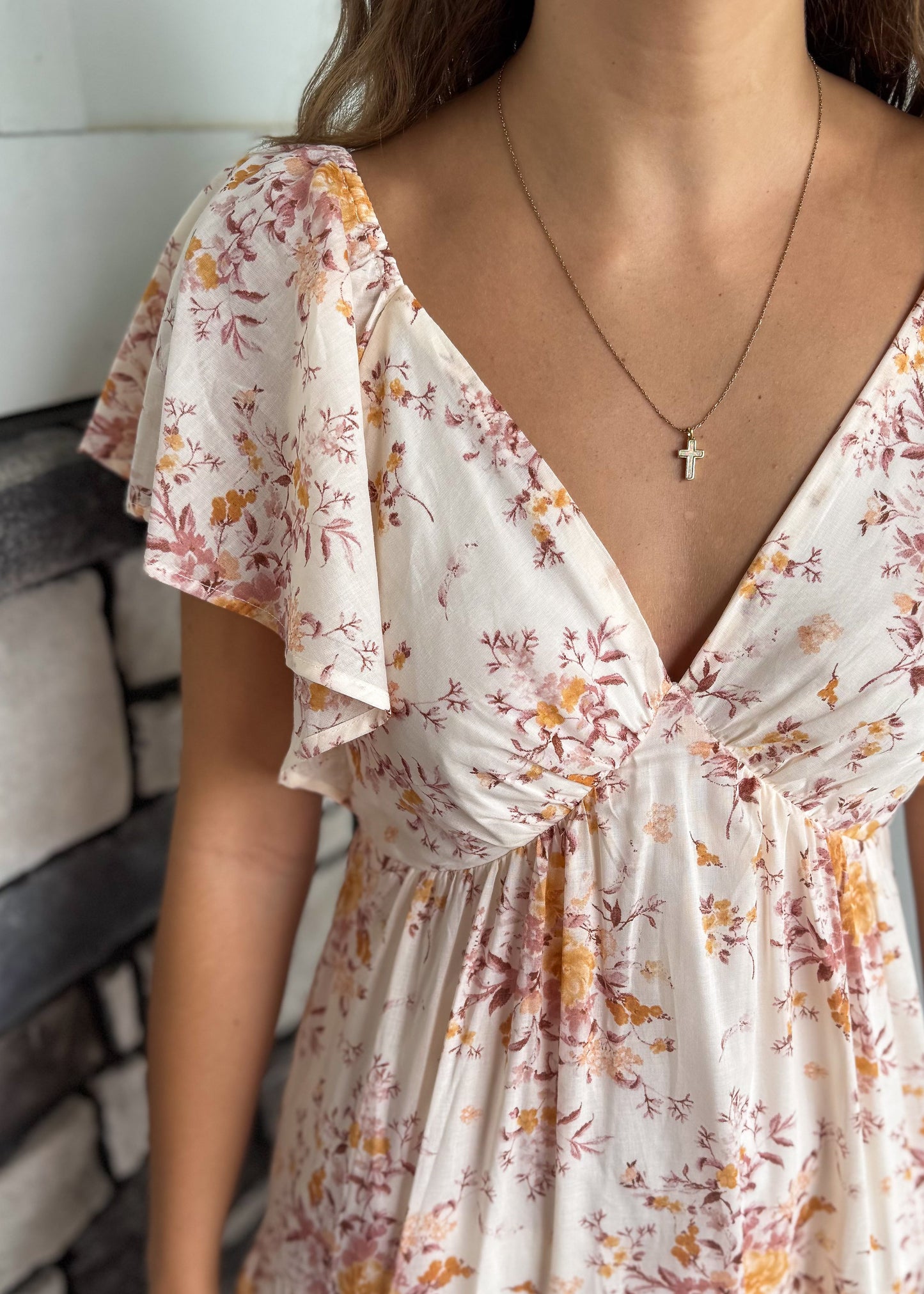 Jana Taupe Tiered Floral Print Dress W/ Ruffle Sleeves