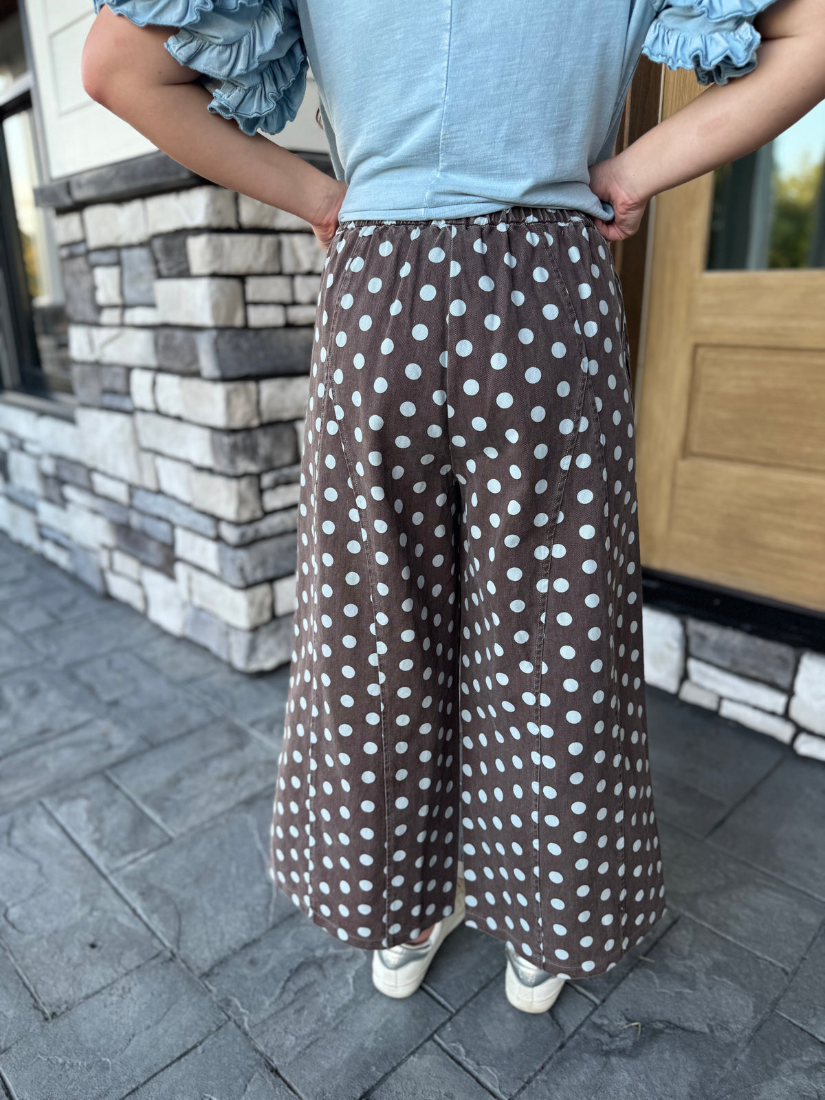Nellie Brown & Light Blue Polka Dot Mineral Washed Wide Leg Pants