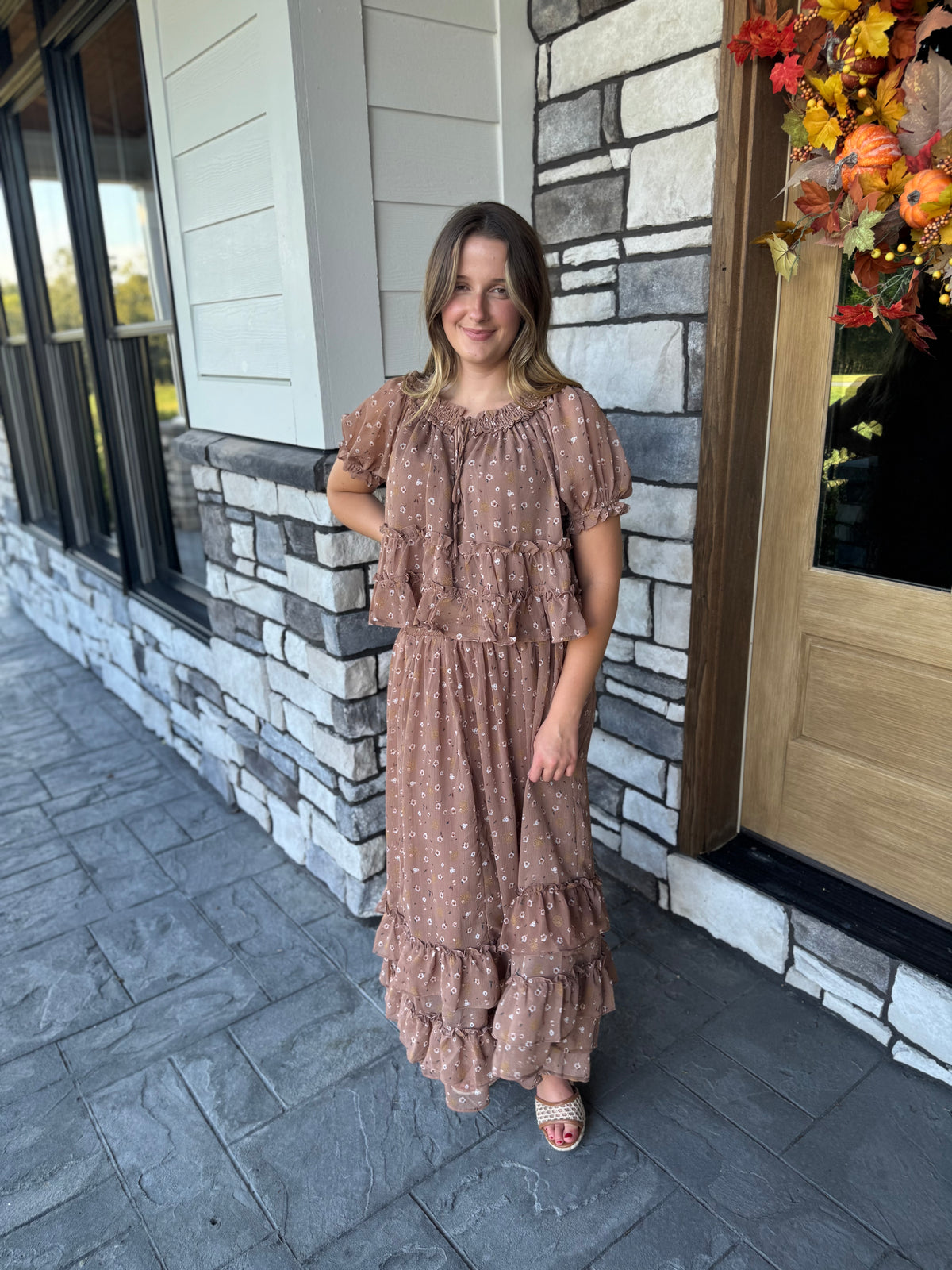 Evelyn Brown Floral Ruffled Hem Midi Skirt