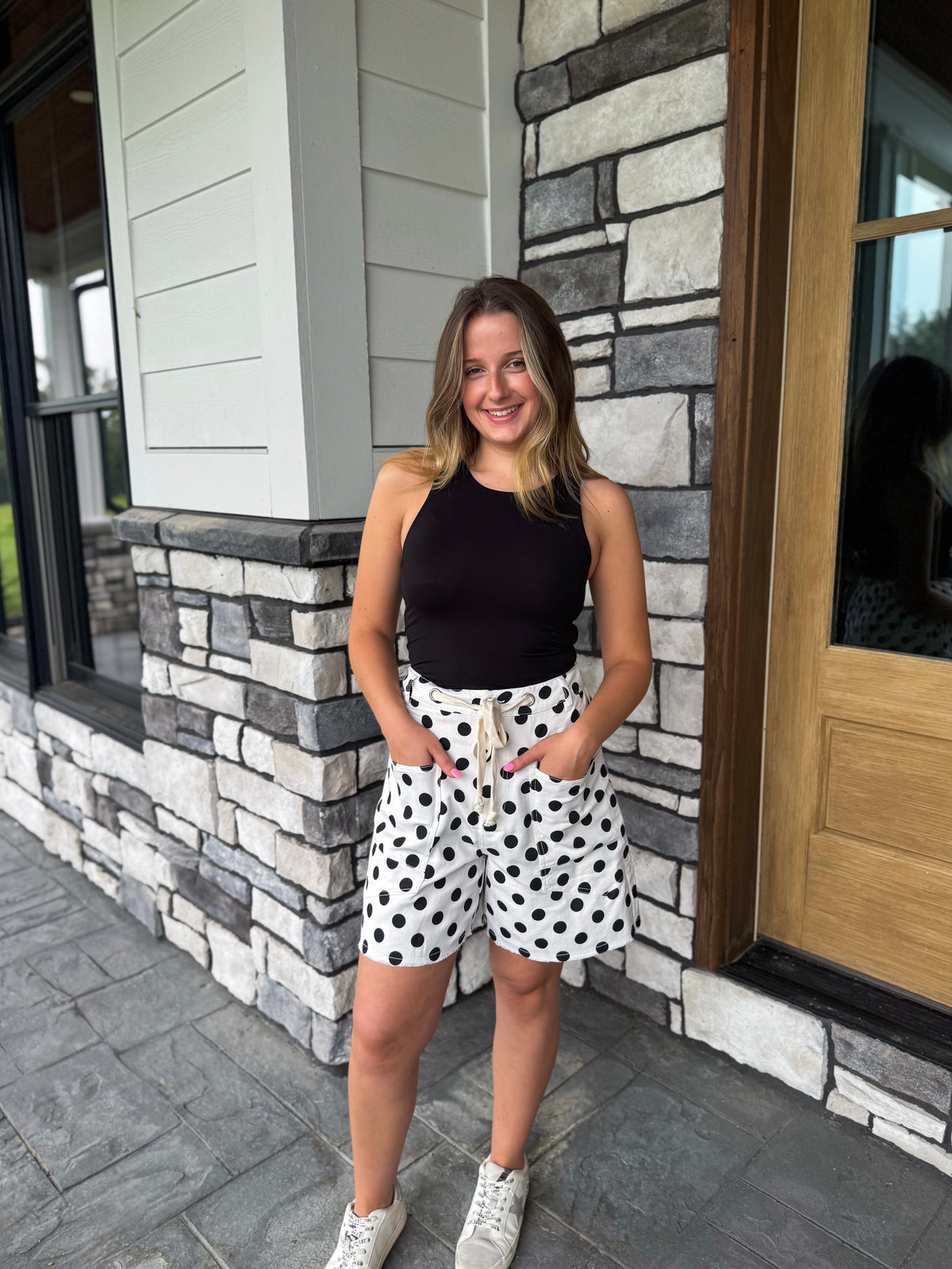 Quinn White Drawstring Shorts W/ Black Polka Dots