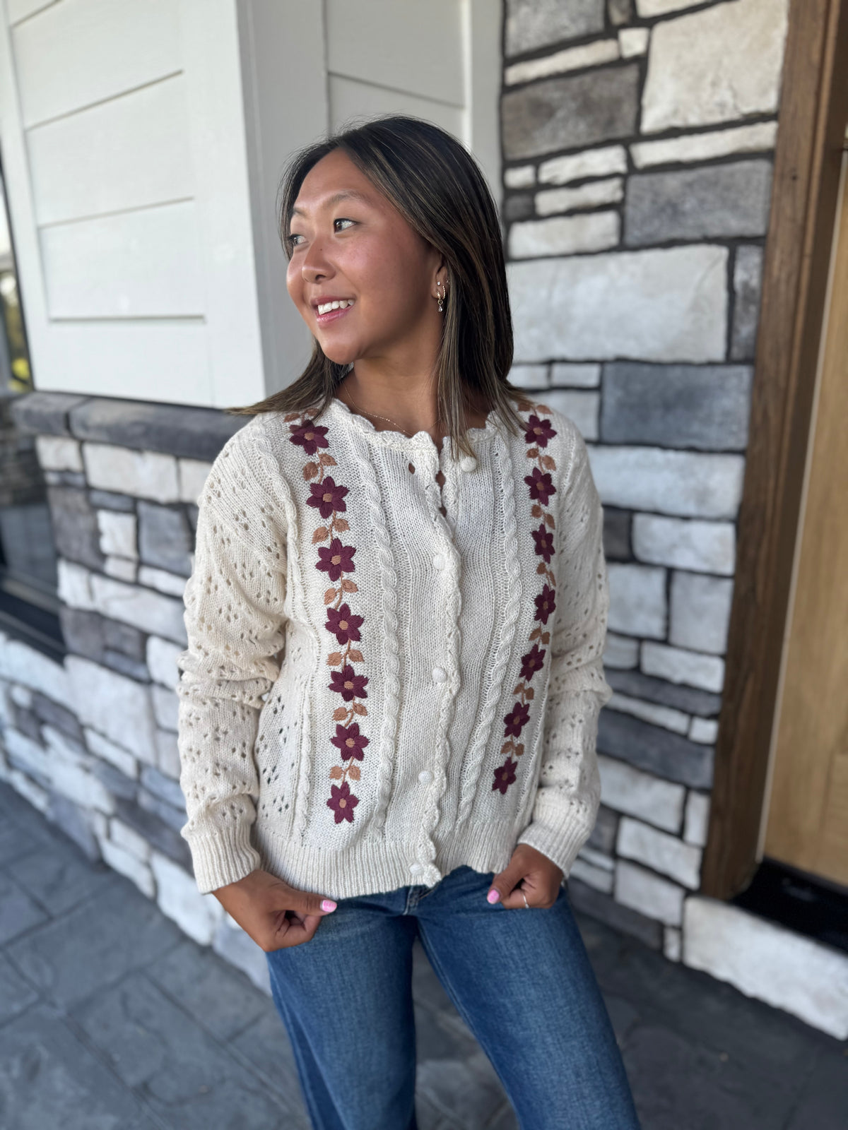 Claire Floral Embroidery Crochet Knit Detail Cardigan