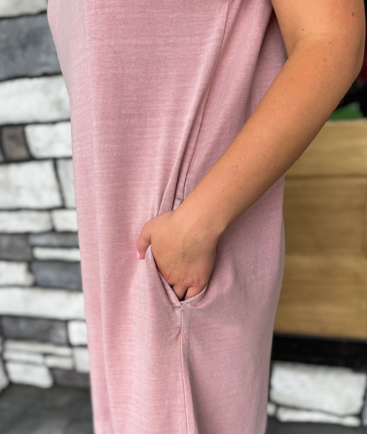 Katie Dusty Pink Garment Washed Casual Capped Sleeve Jersey Dress