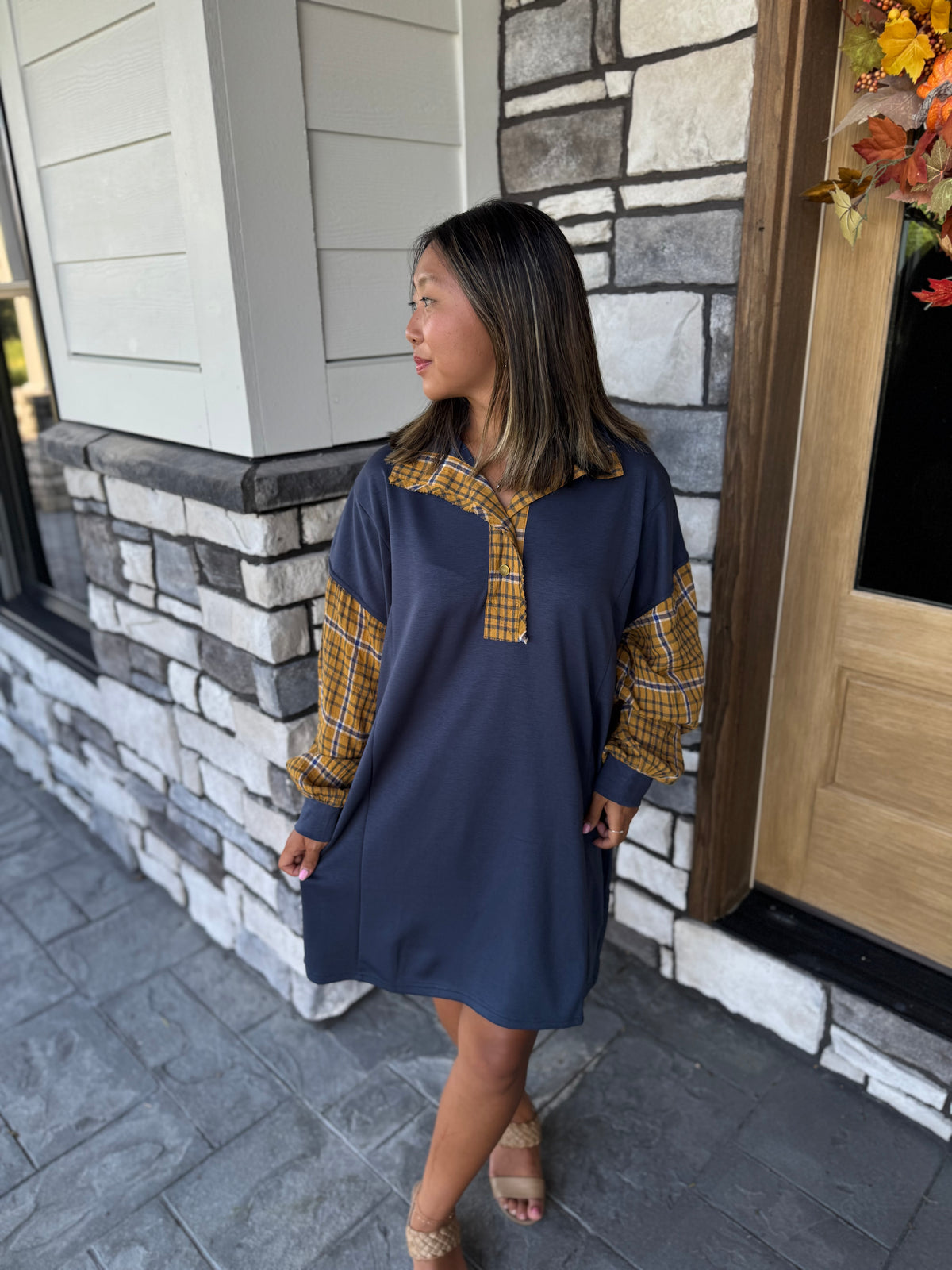 Martha Navy Luxe Knit Plaid Sleeve Mini Dress