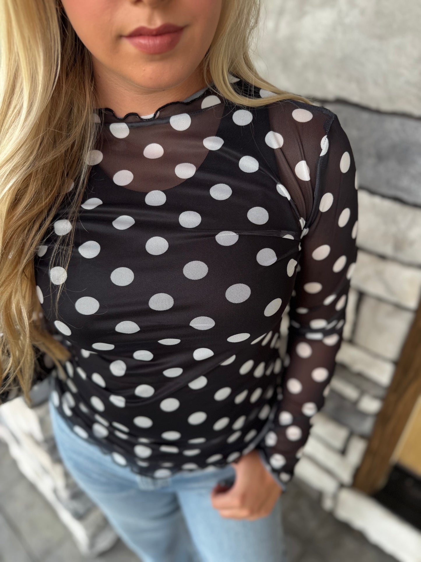 Harper Black & White Polka Dot Long Sleeve Mesh Top