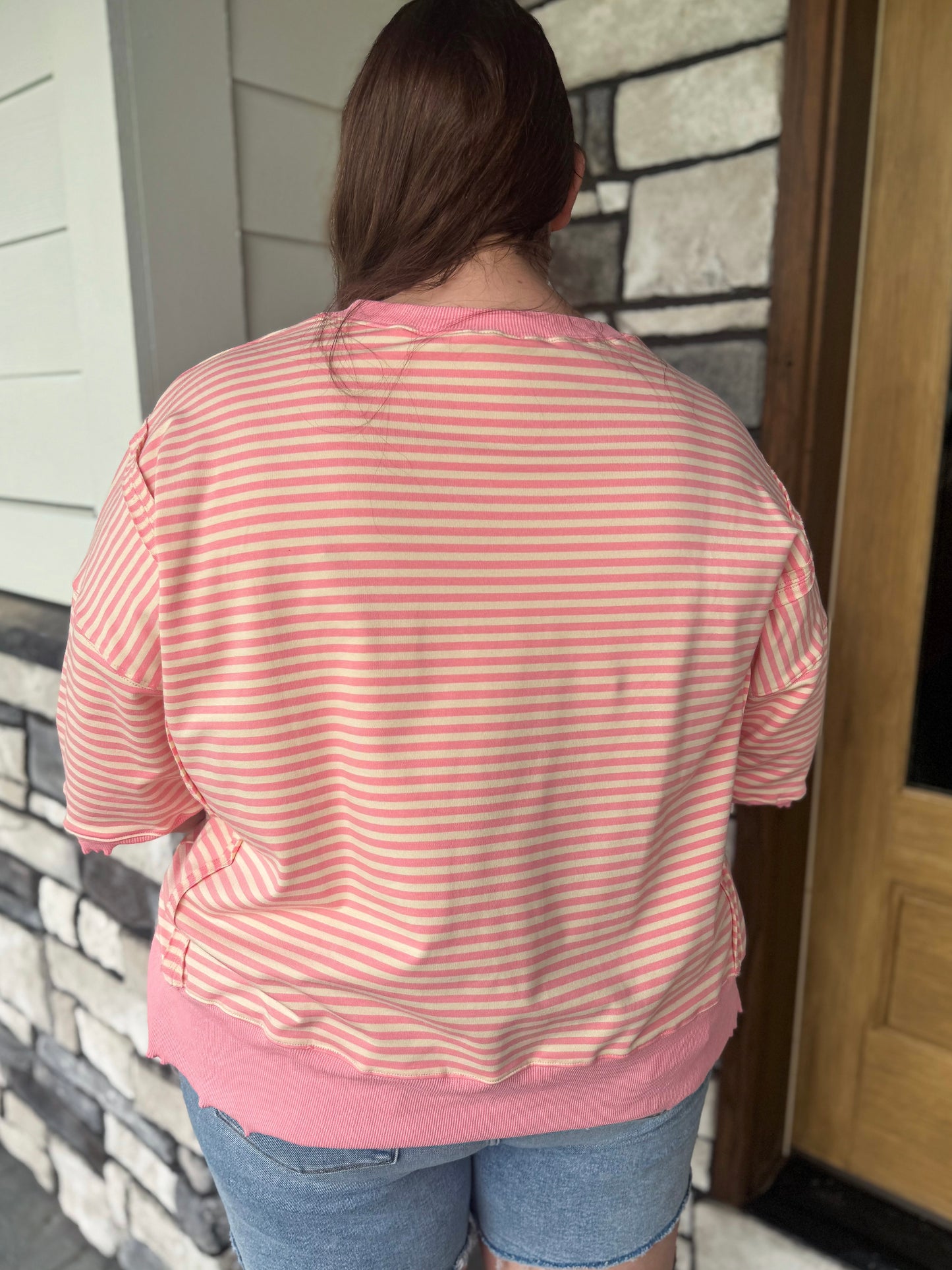 Debby Pink & Cream Candy Stripe Lettuce Edge Short Sleeve Sweatshirt