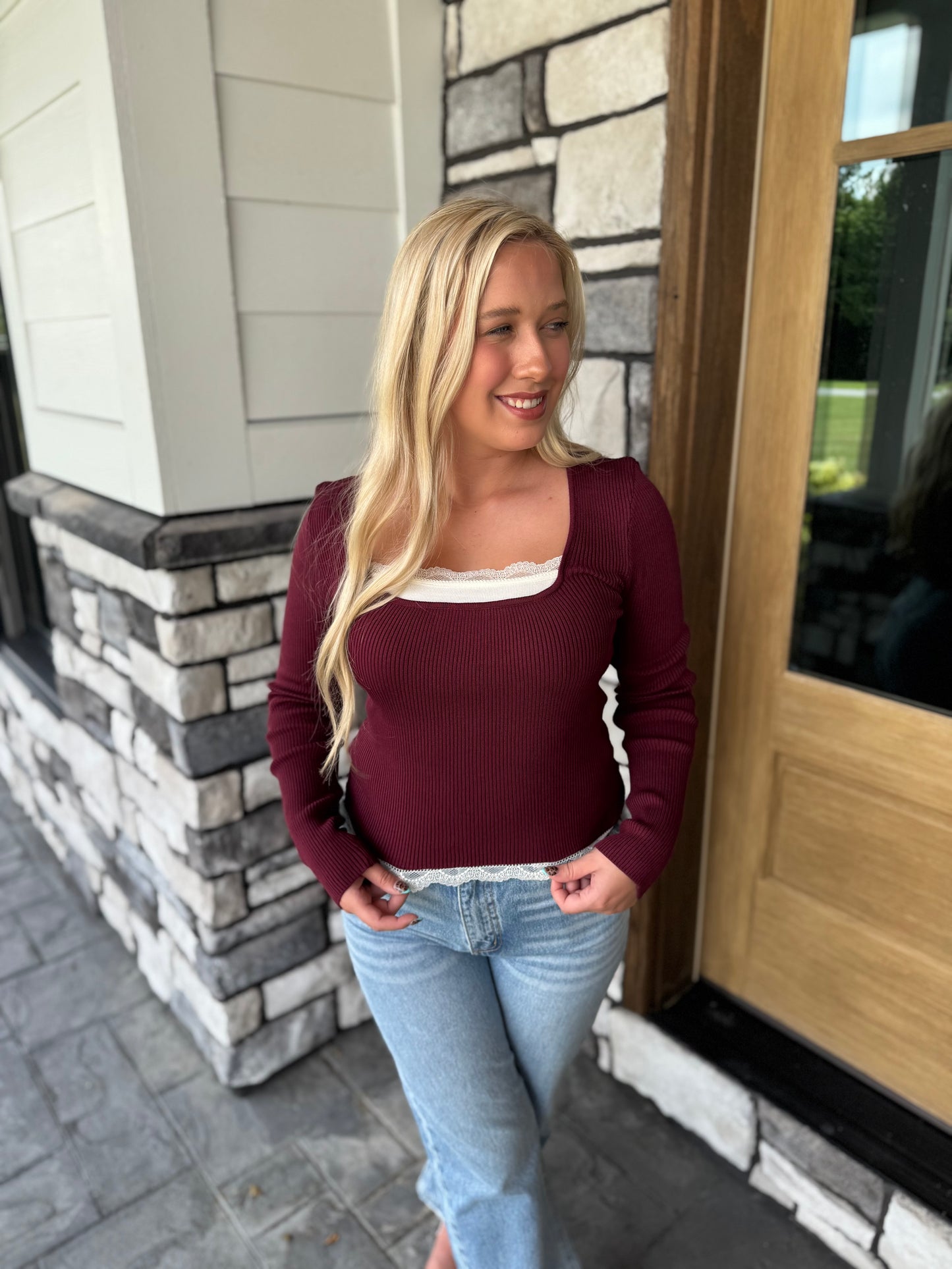 Jane Maroon Lace Trim Long Sleeve Fitted Sweater